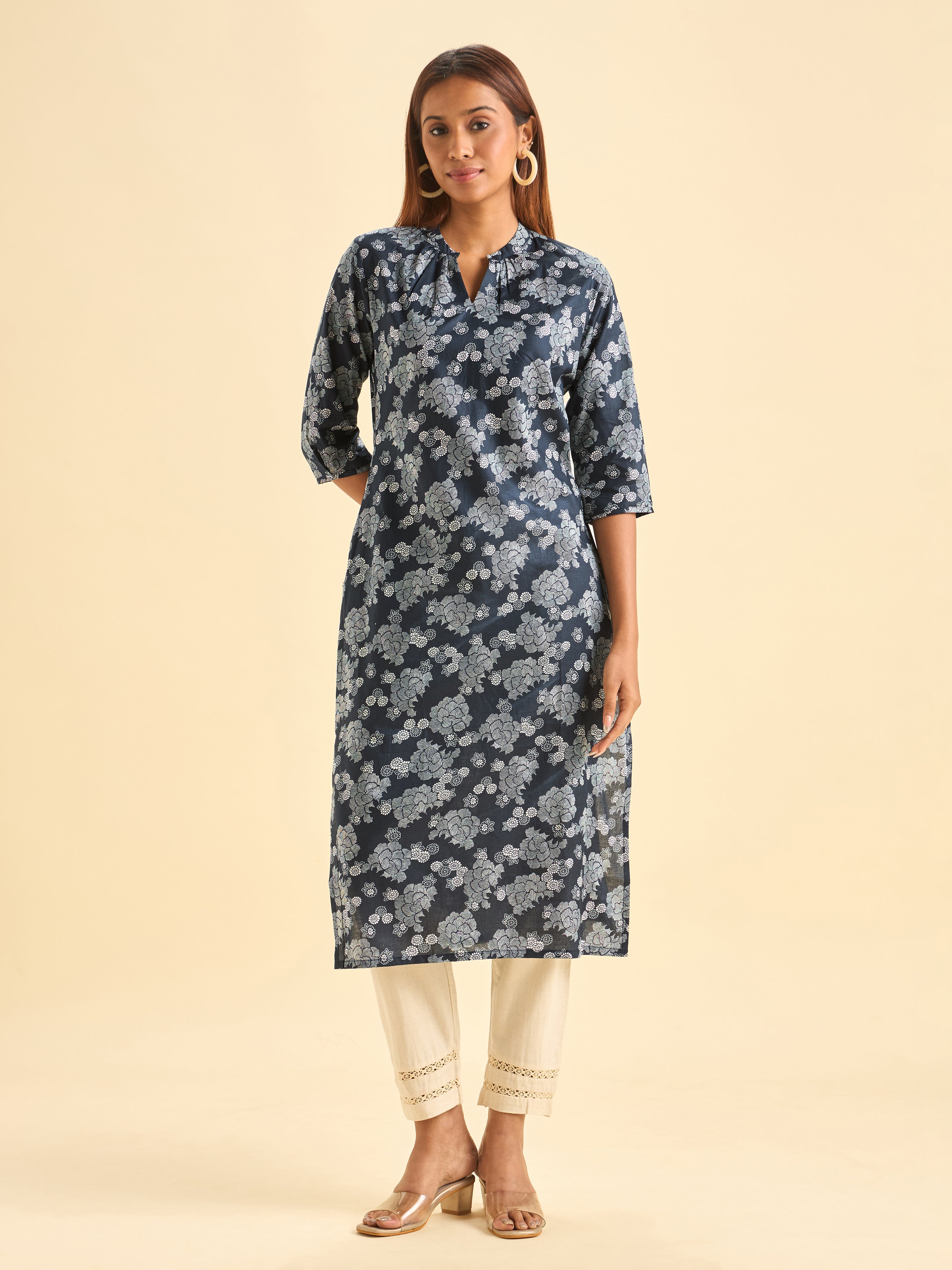Navy Blue And White Pure Cotton Printed Slited Kurti With Gathers