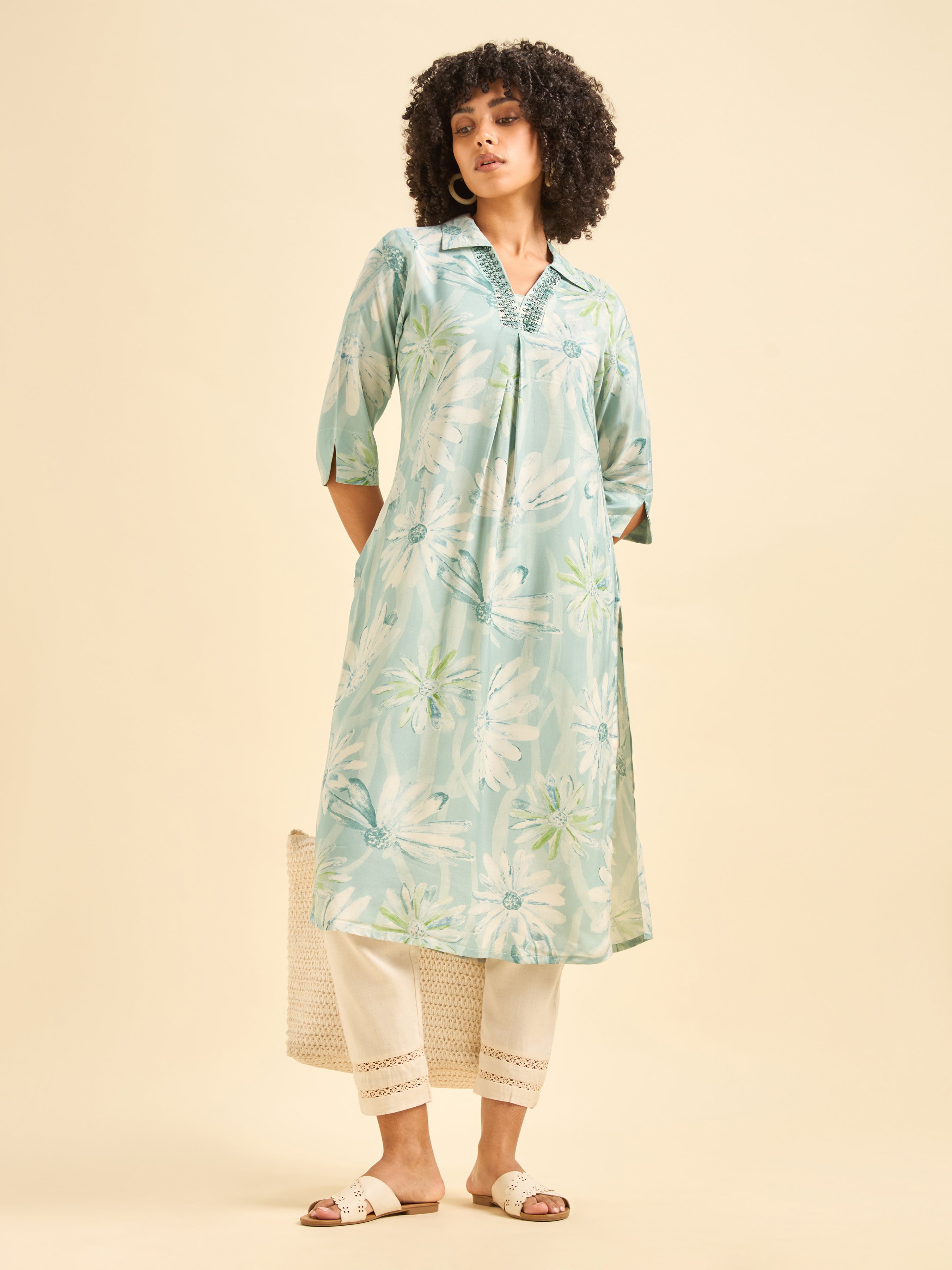 Light Blue Muslin Printed Kurti With Embroidery