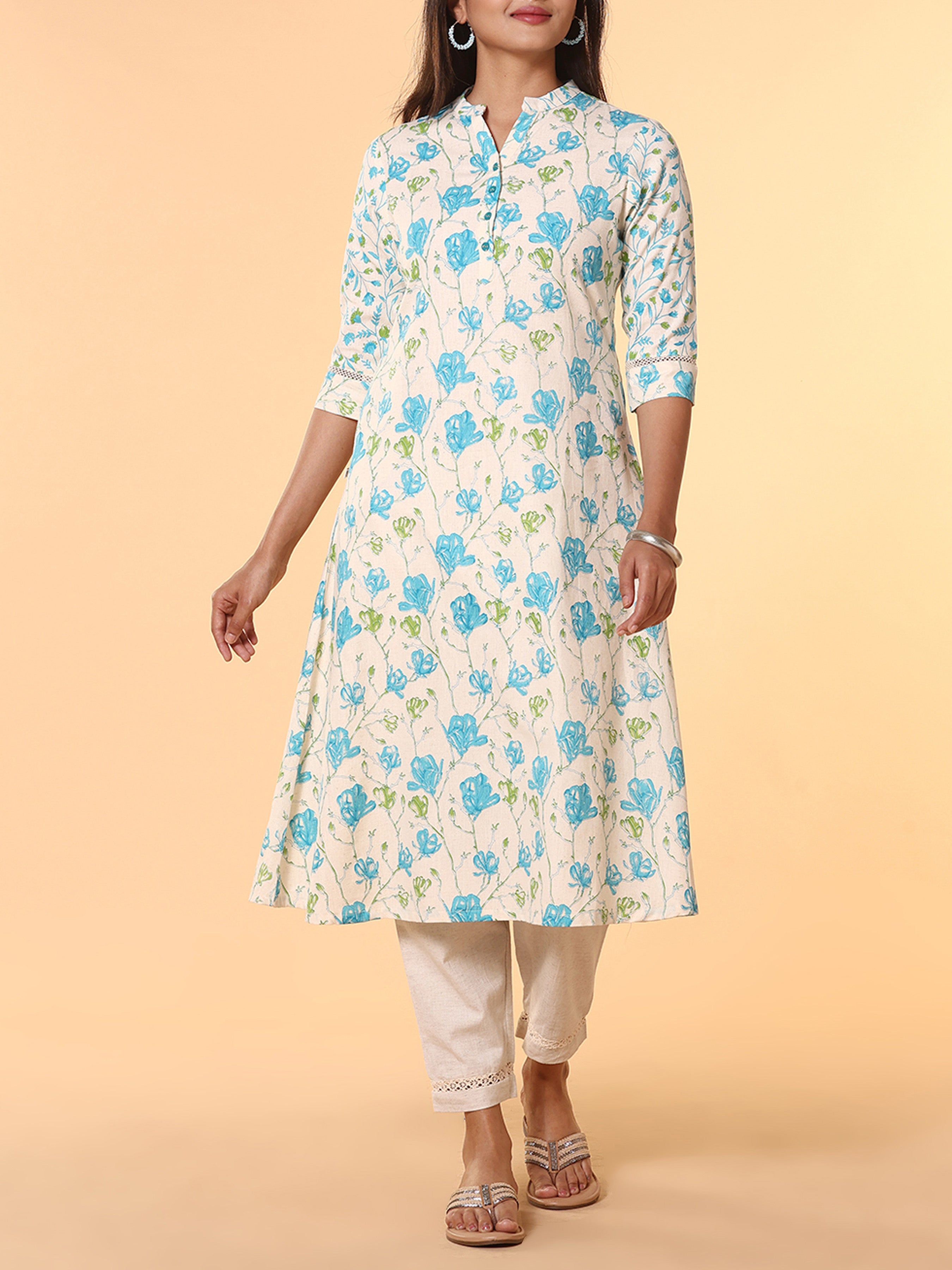 Multi Colour Cotton Flax Printed Kurti With Lace Detailing