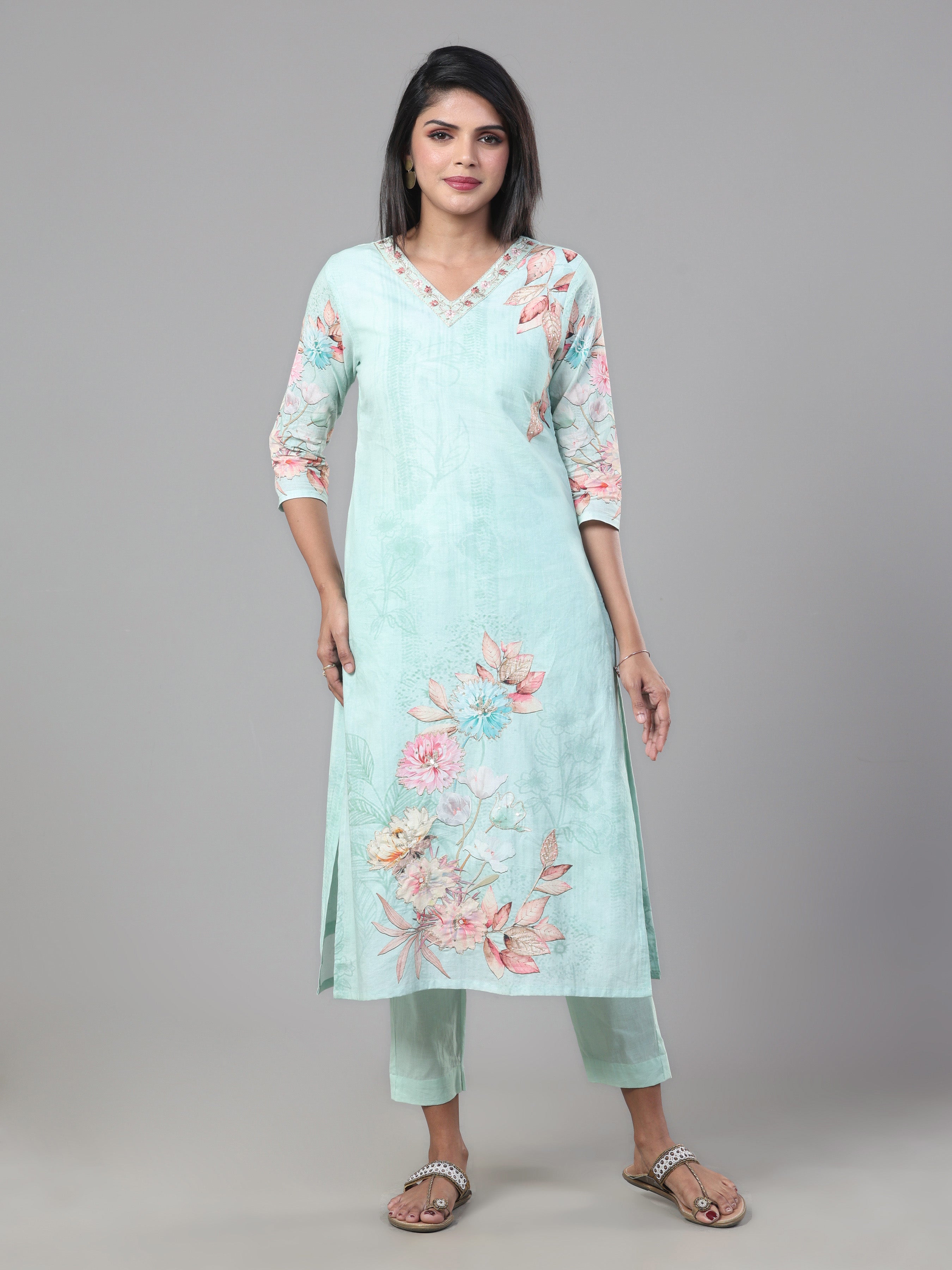 Aqua Green Pure Cotton Kurti Set & Dupatta With Hand Work