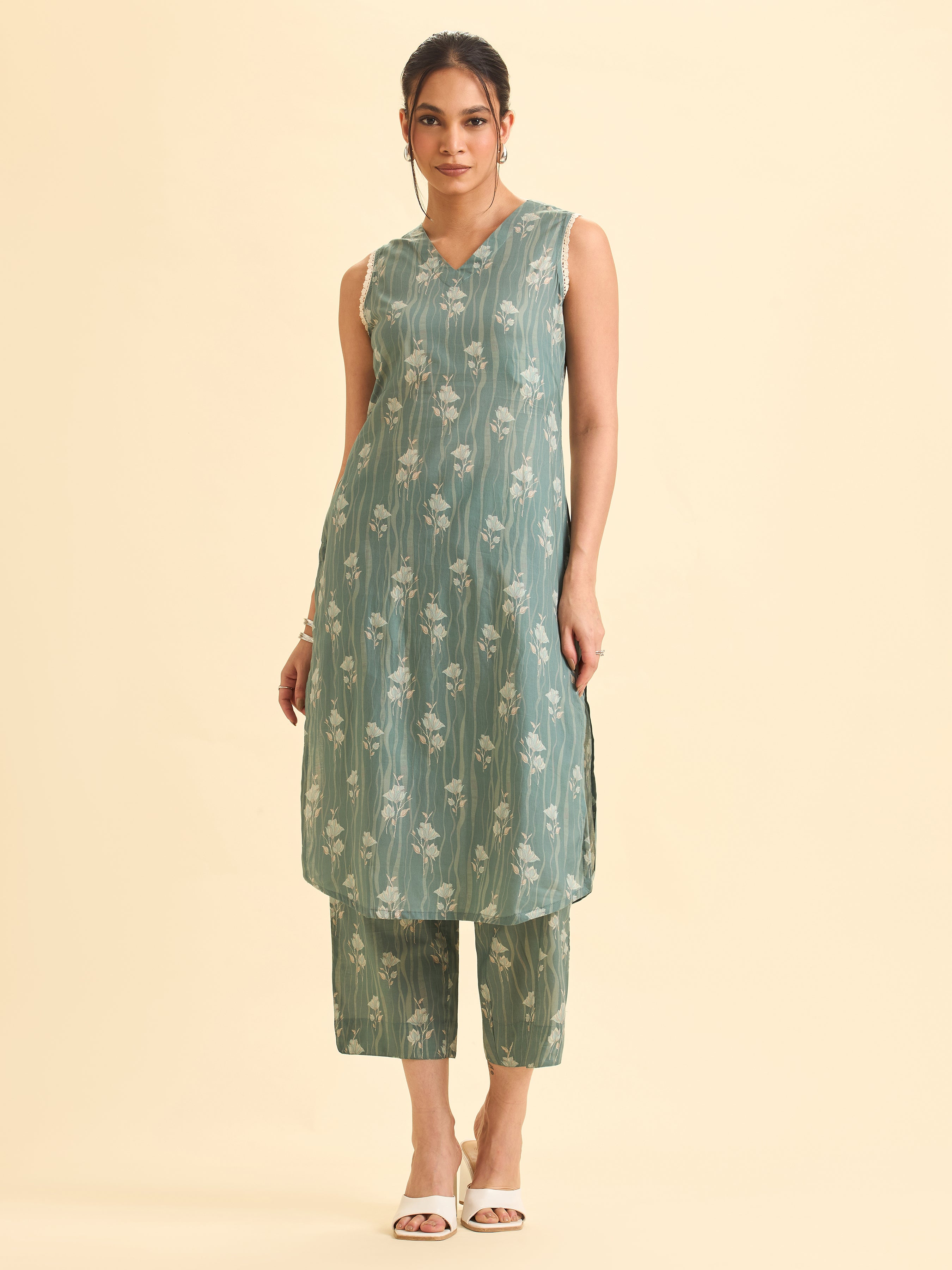 Sage Green Muticolour Pure Cotton Printed Slited Kurti Set With Lace