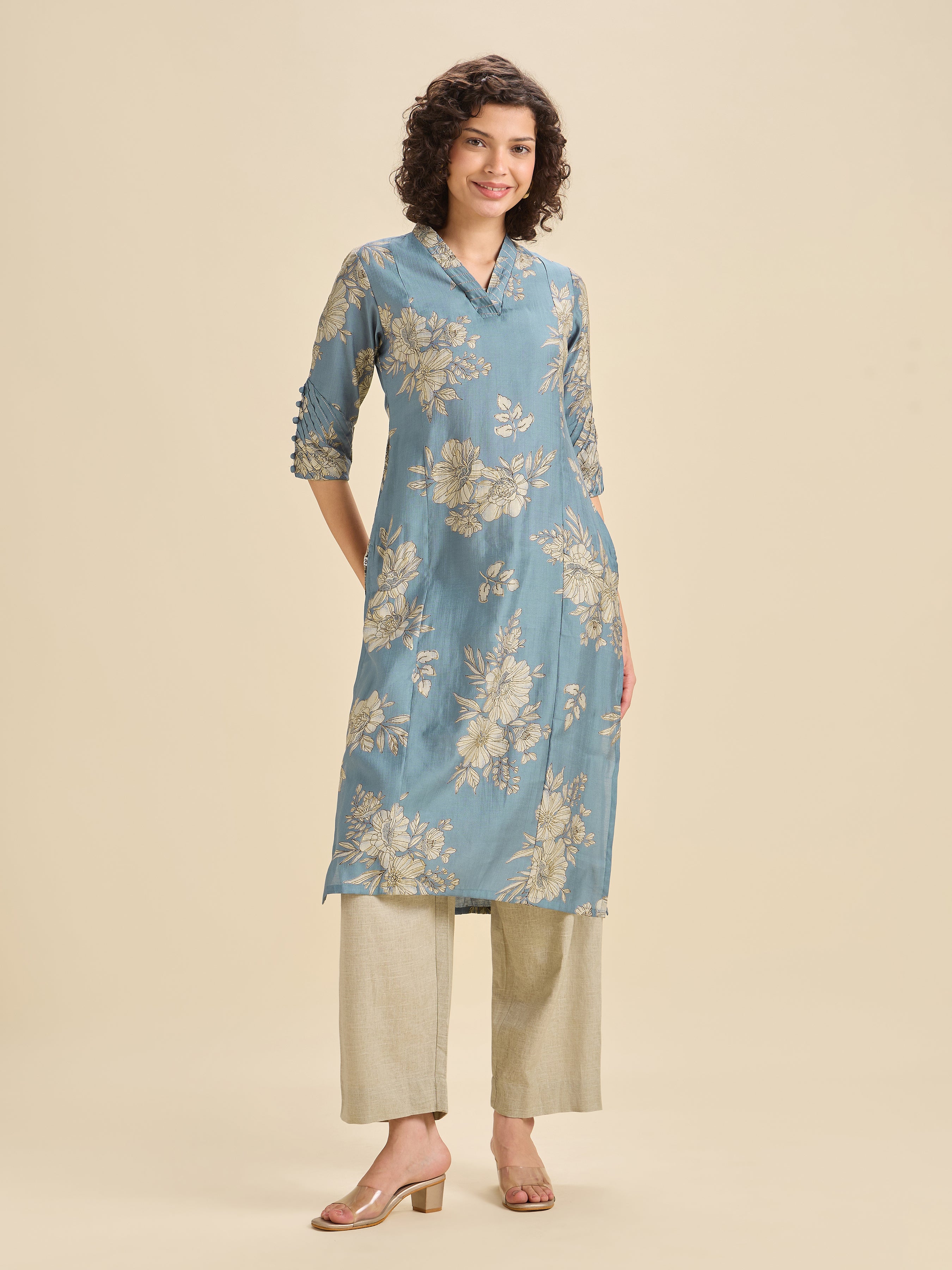Sky Blue Viscose Blend Printed Kurta With Embroidery