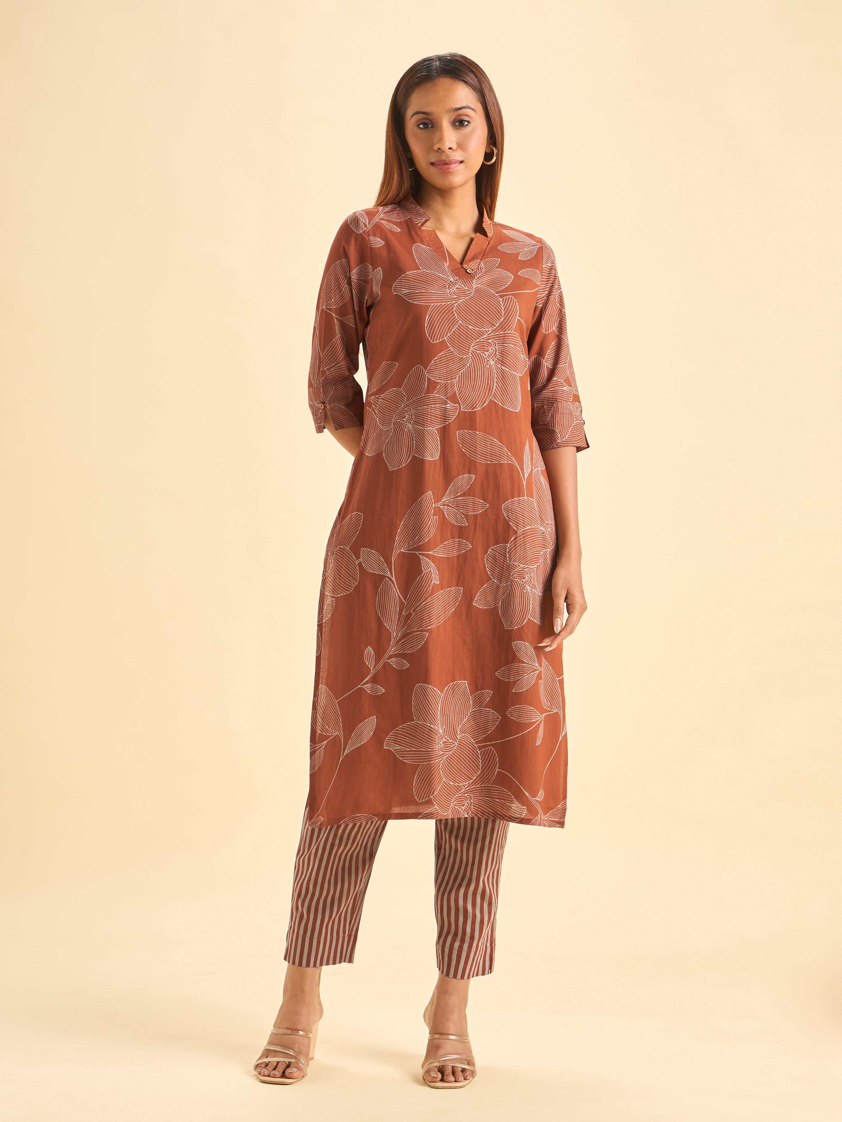Rust Orange Pure Cotton Slit Kurti With Print