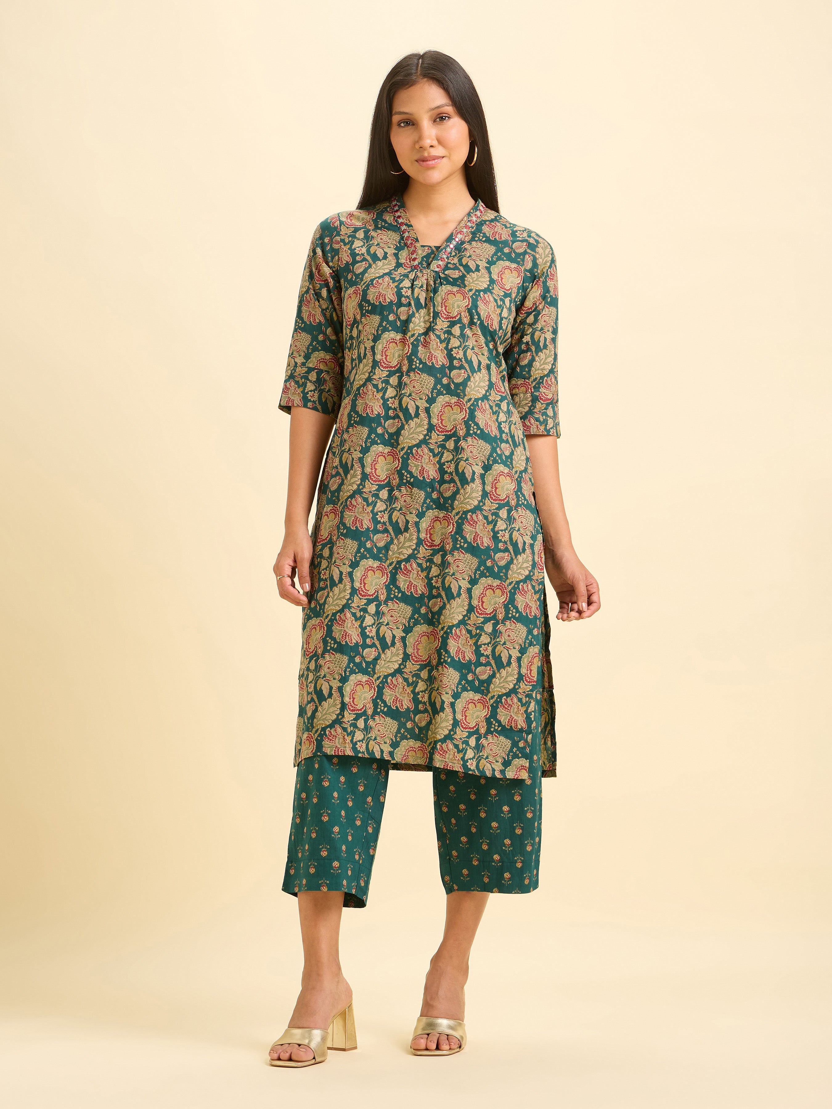 Green Colour Pure Cotton Printed Slited Kurti Set With Embroidery And Mirror Work