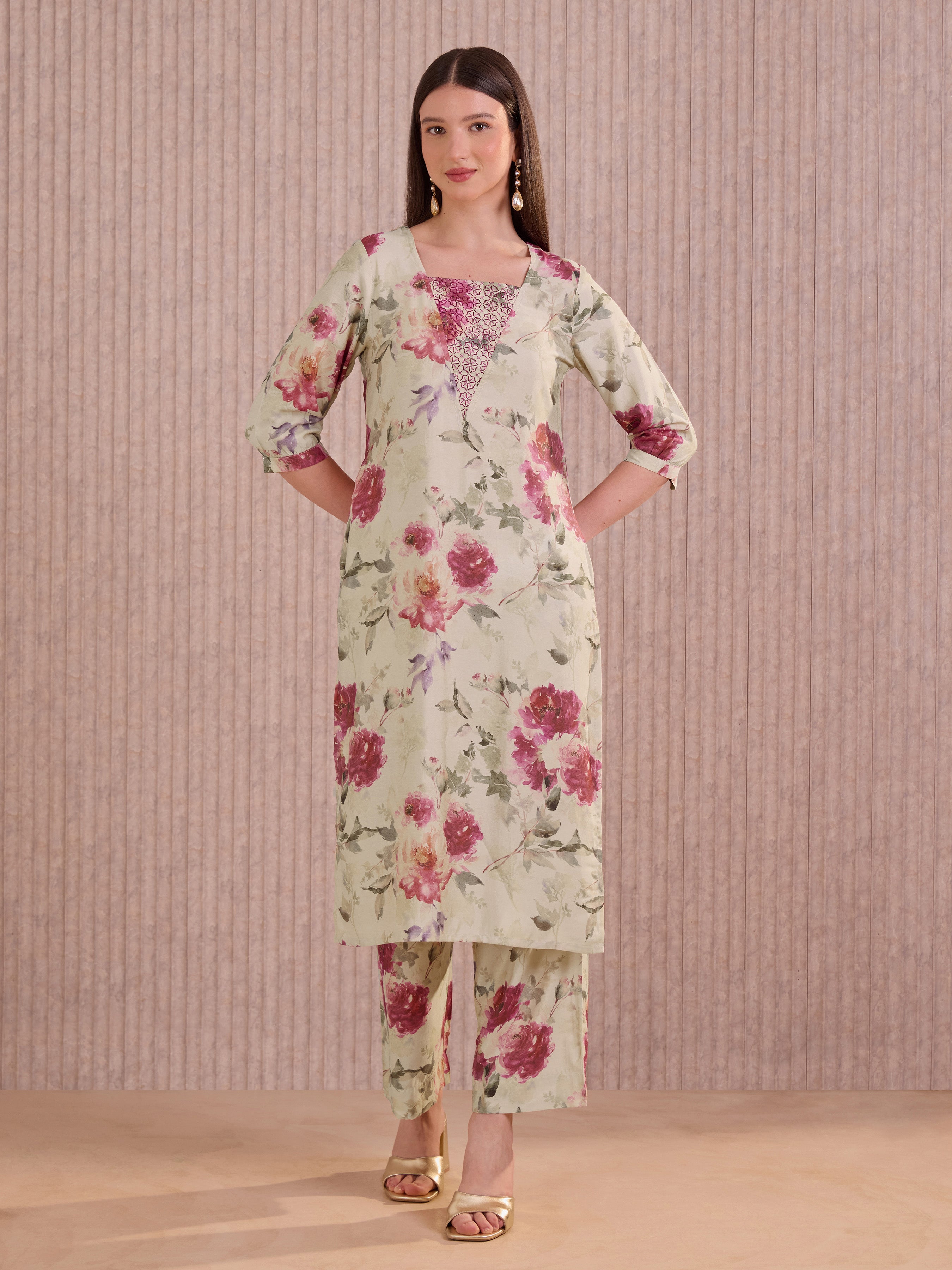 Ivory Viscose Blend Printed Kurti Set With Embroidery