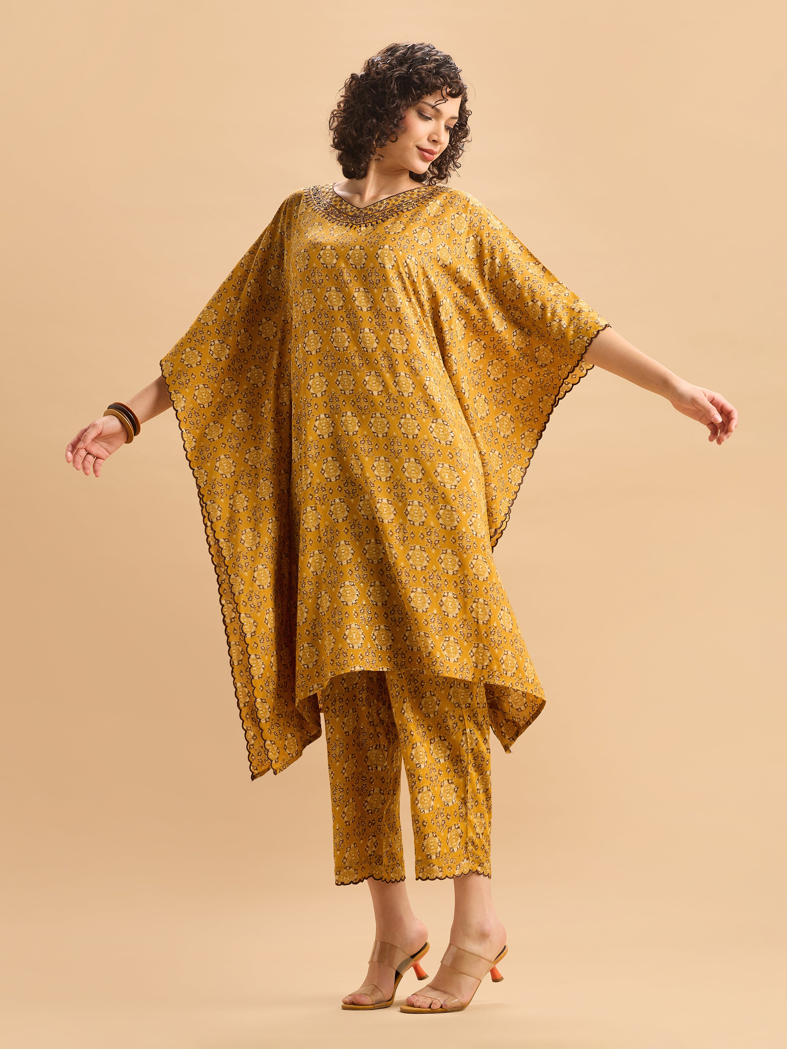 Mustard Yellow Viscose Printed Kaftan Set With Hand Work Embroidery