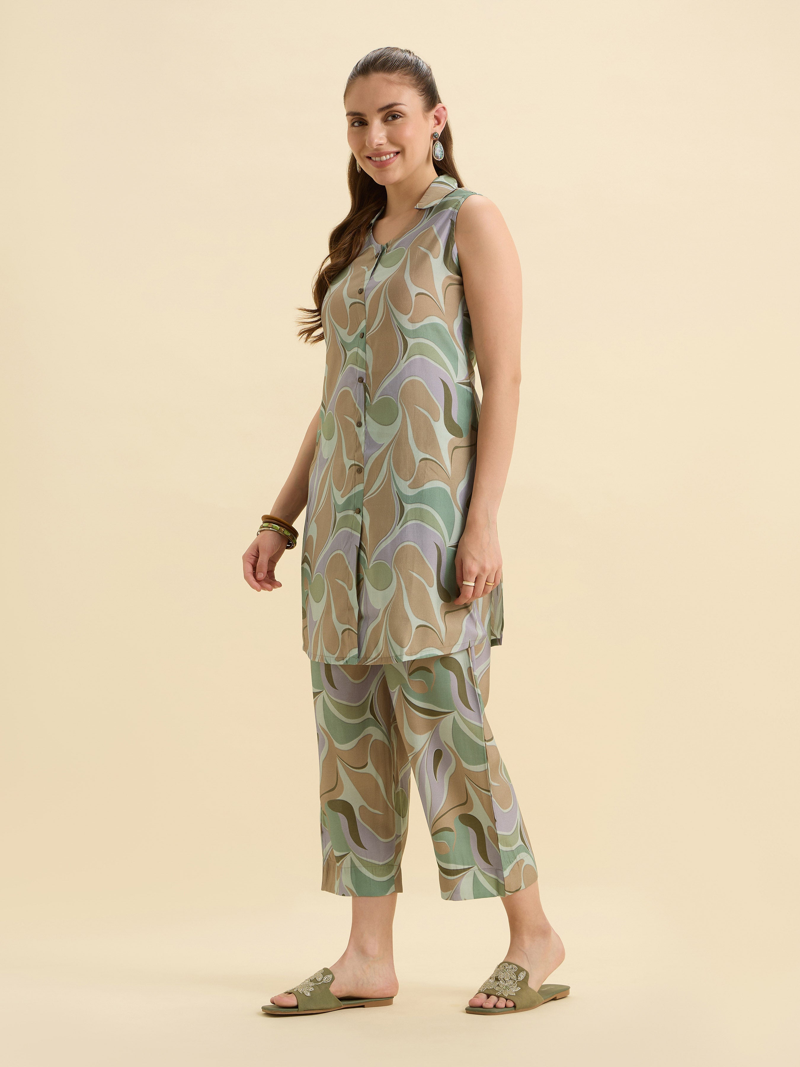 Sage Green Multicolour Modal Chanderi Printed Co-Ord Set
