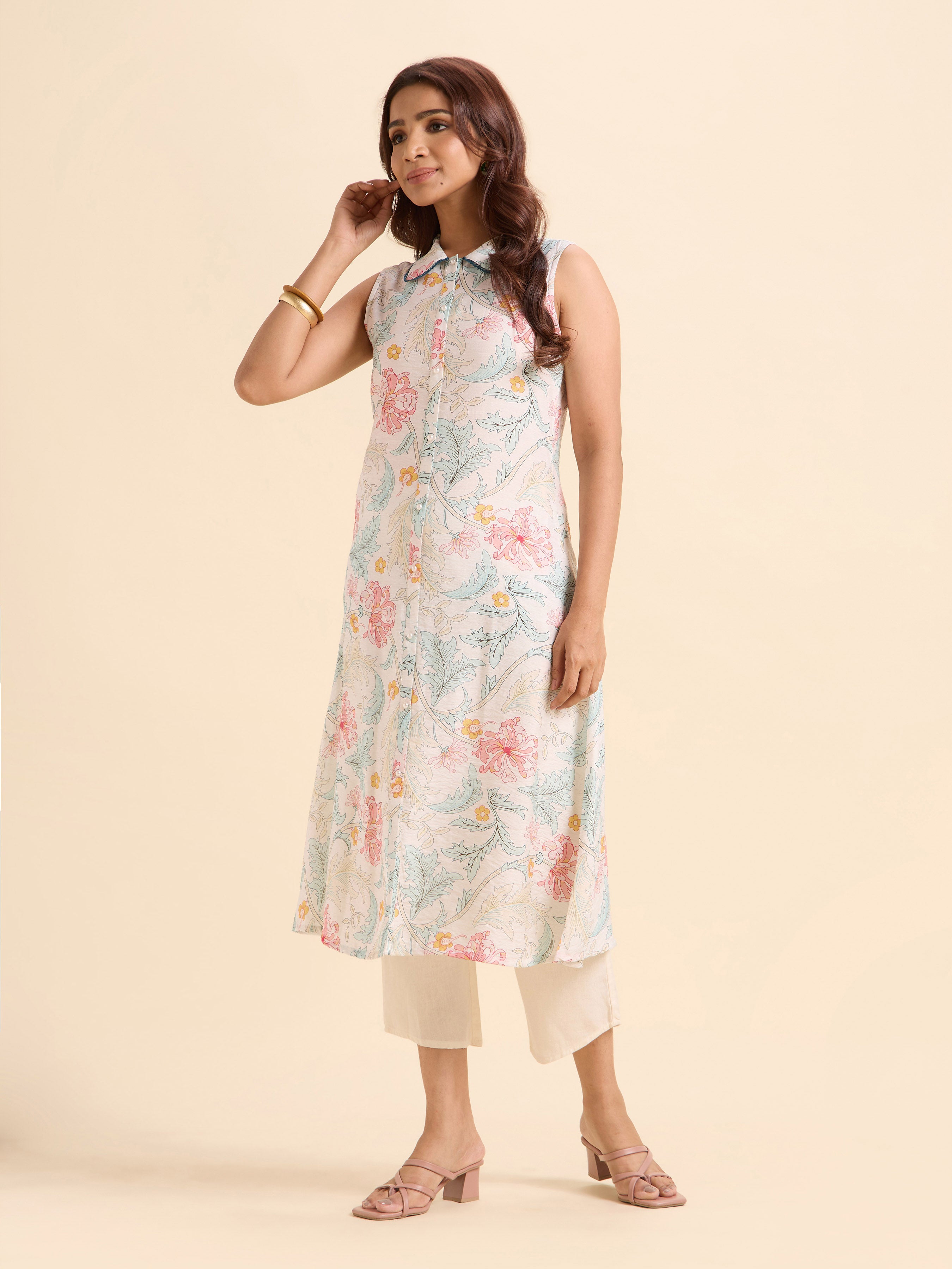White Multi Nylon Viscose Printed Flared Kurti With Lace Detailing
