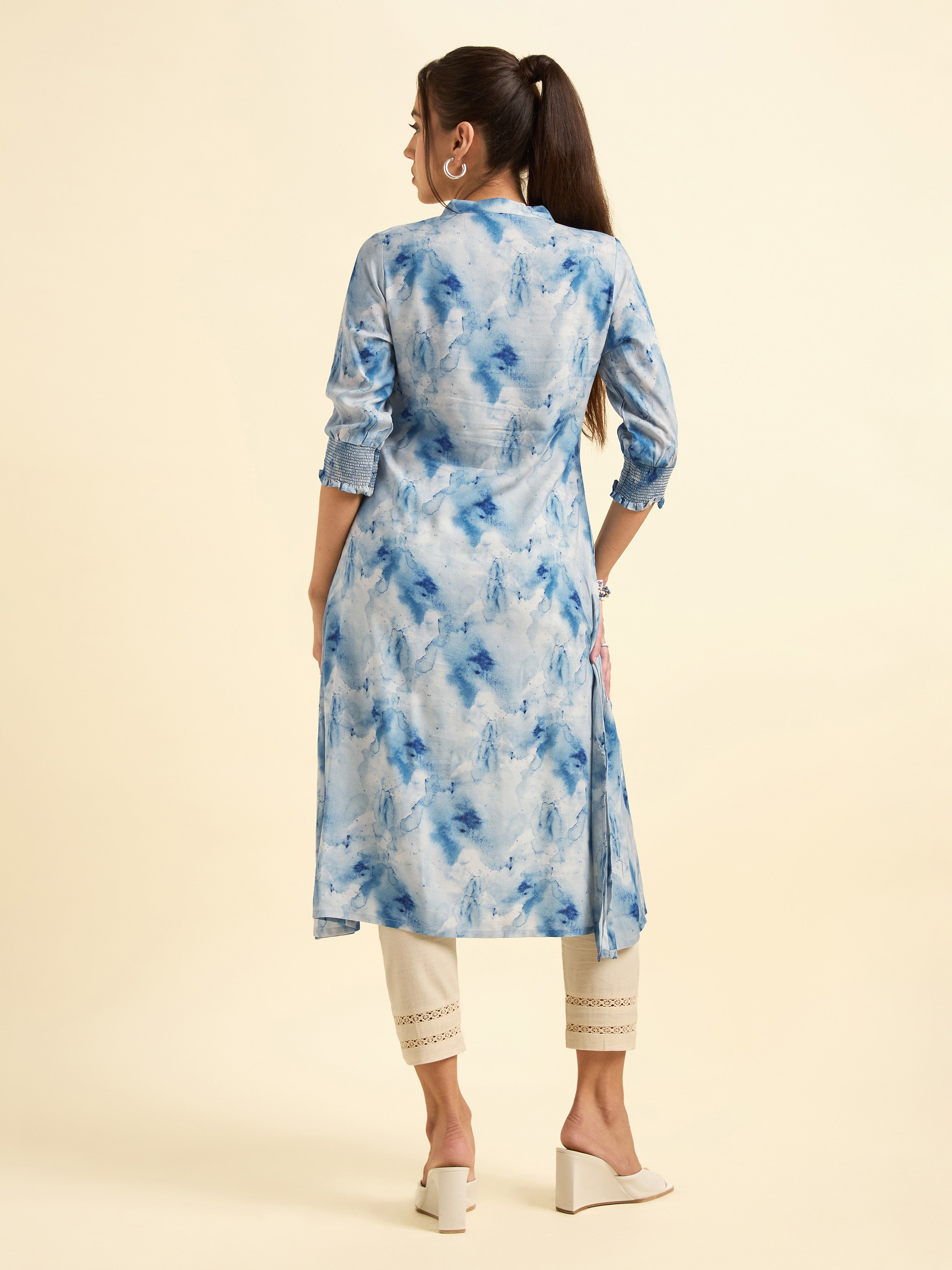 Sky Blue Muticolour Vicose Printed Flared Kurti With Smocking And Knife Pleat