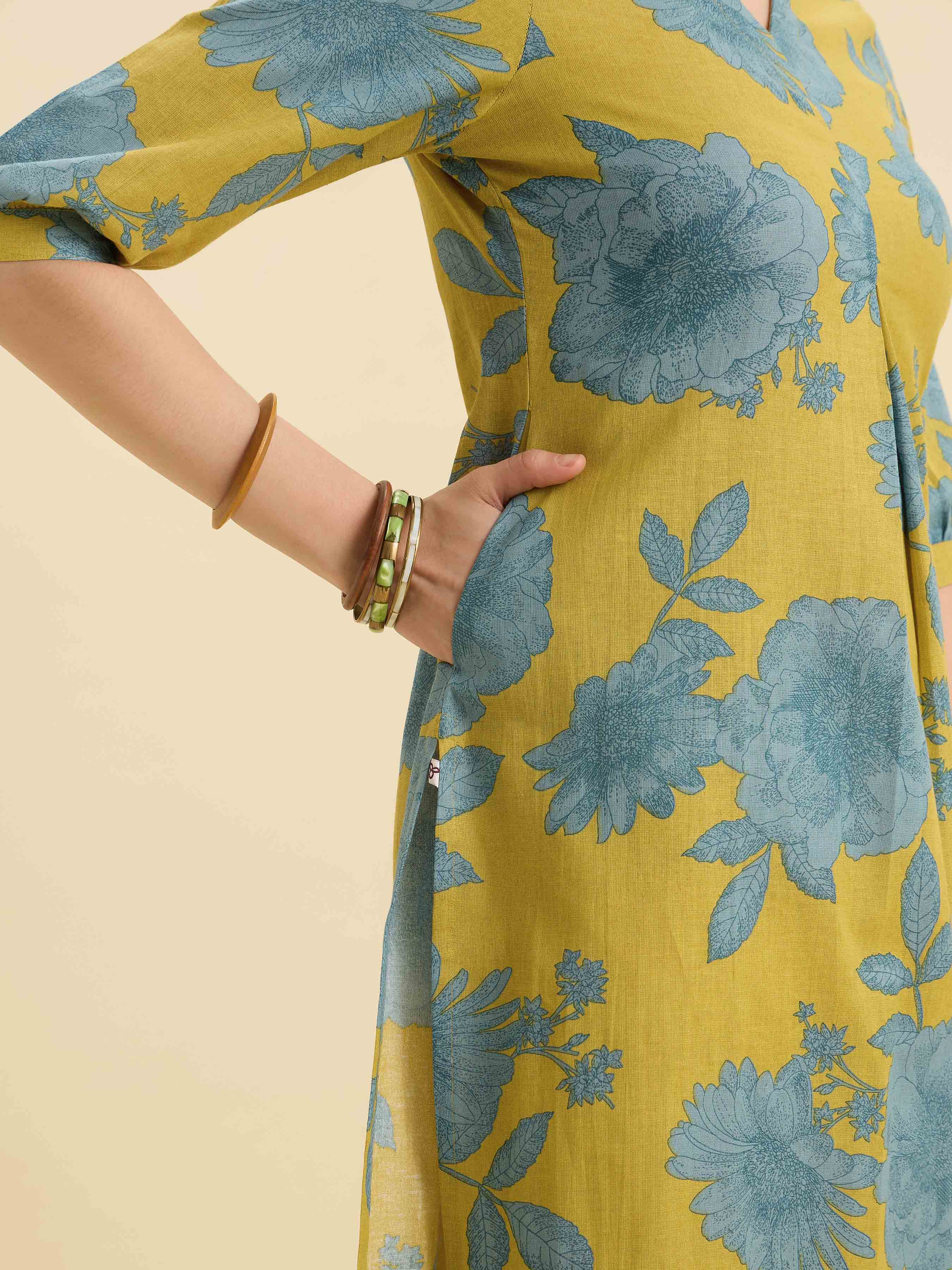 Yellow Blue Cotton Flax Printed Slited Kurti With Box Pleat