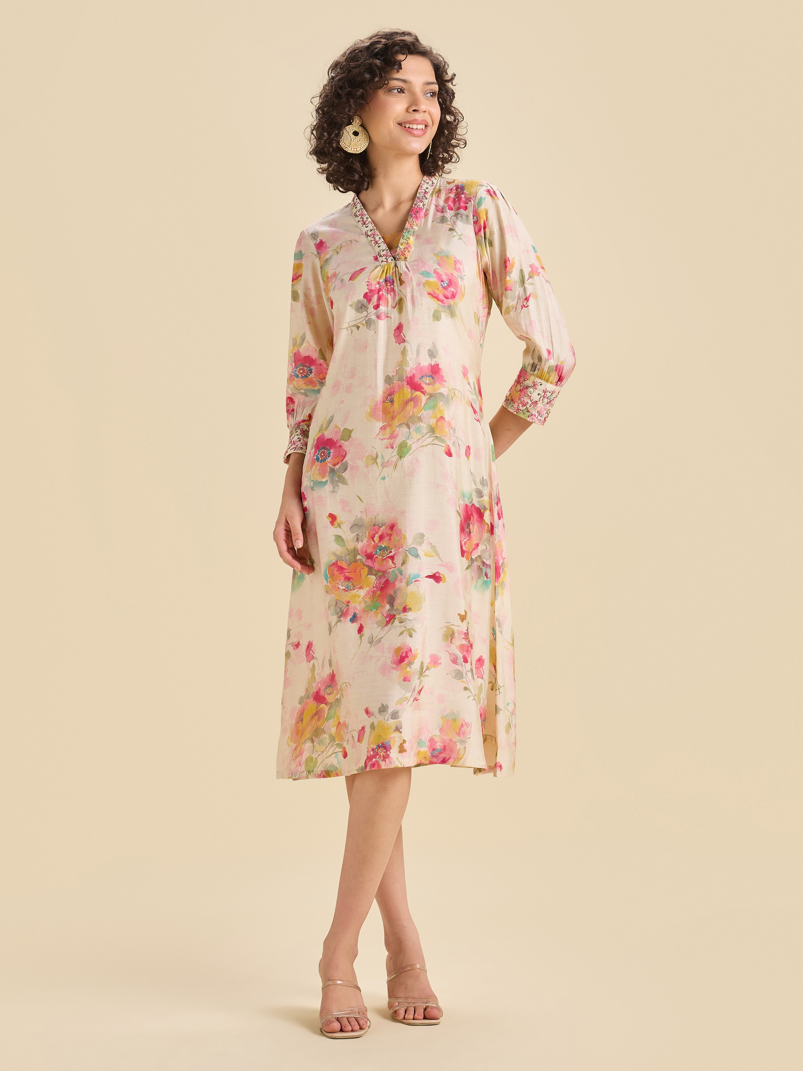 Multi Coloured Modal Chanderi Printed Kurti With Sequence Embroidery