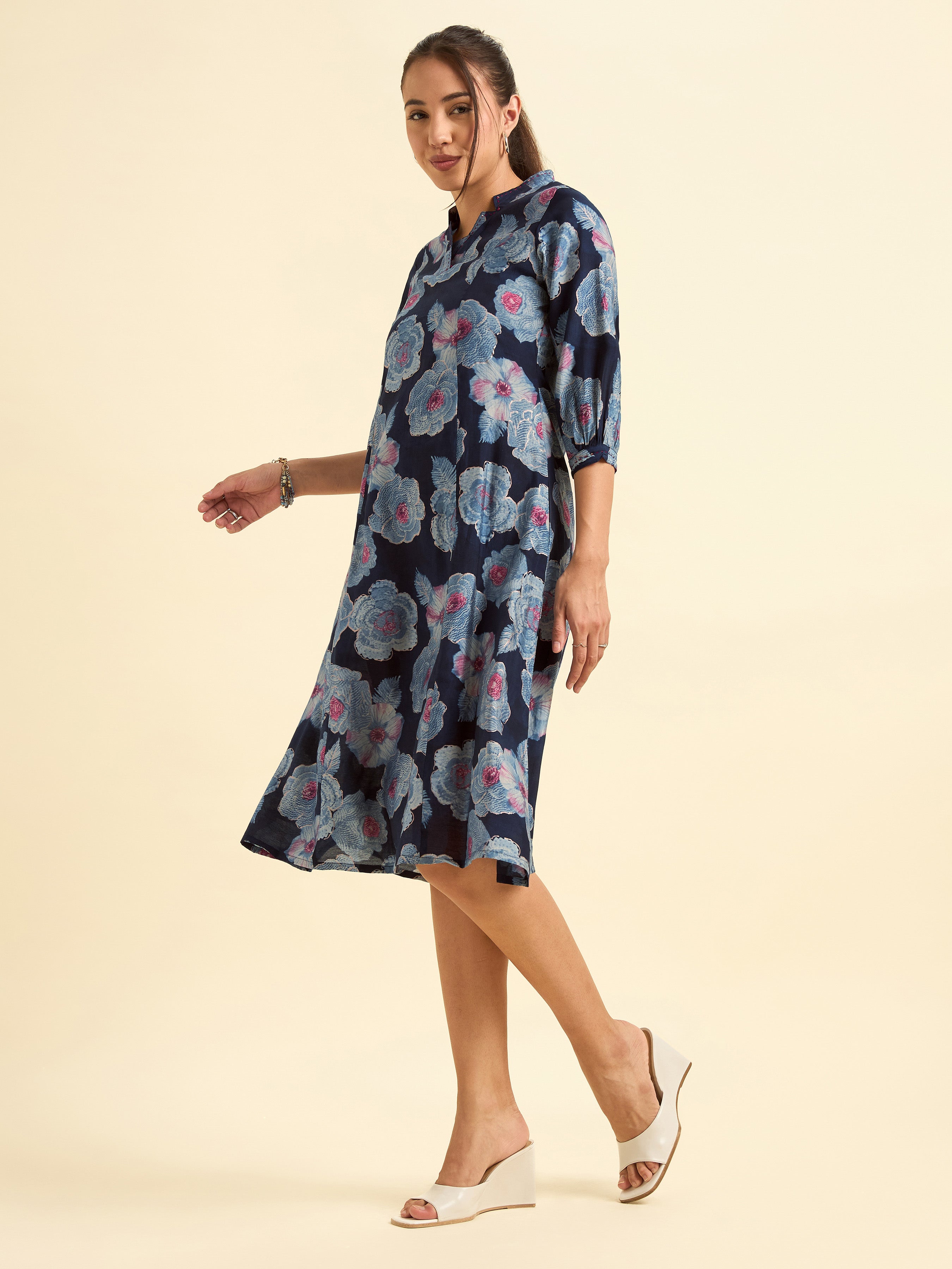 Navy Blue Modal Chanderi Princess Cut Printed Kurti With Embroidery And Sequins Work