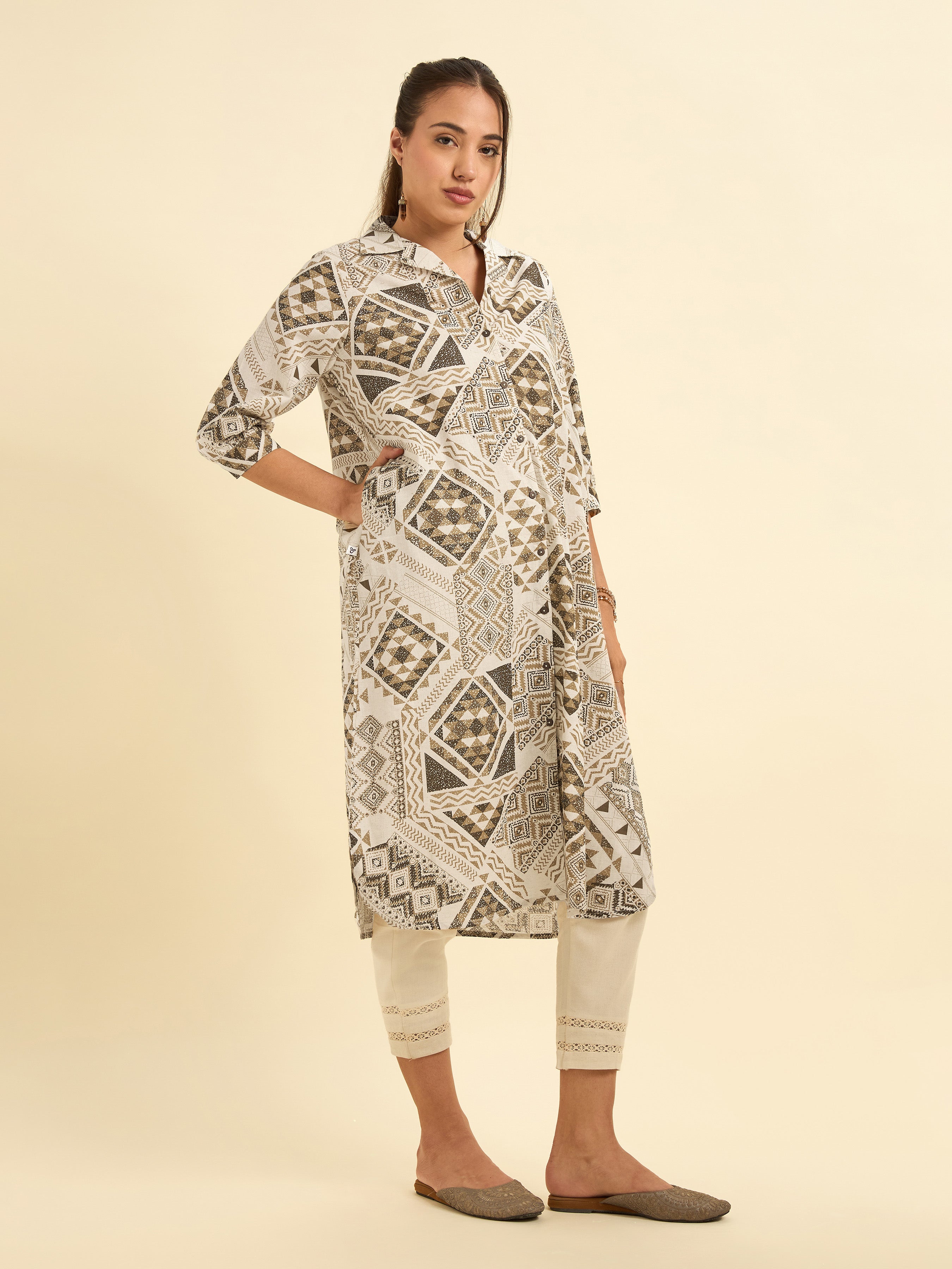 Ivory Multi Cotton Flax Printed Flared Kurti With Relaxed Fit