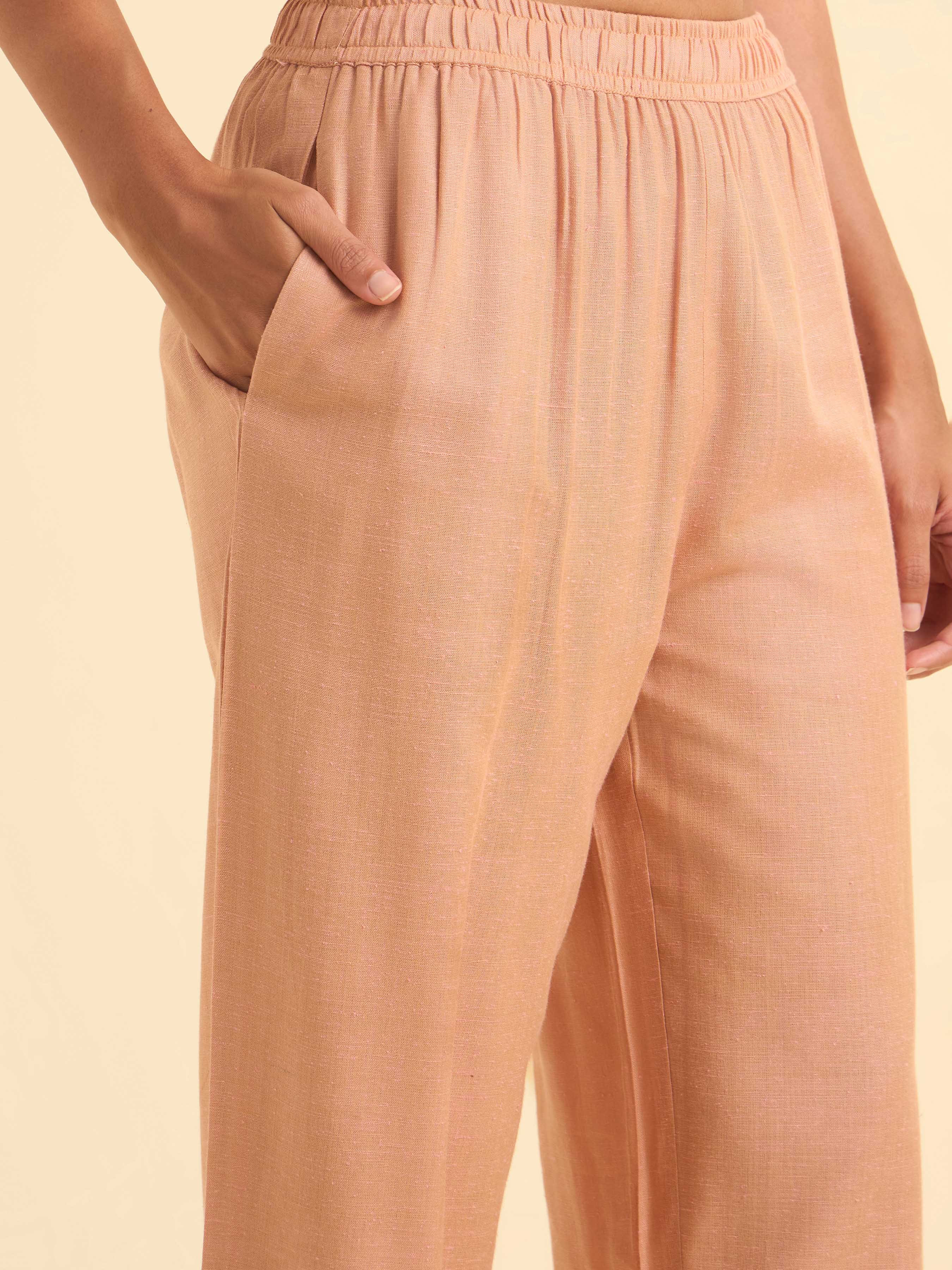 Peach Cotton Dobby Plain Slited Kurti Set With Curved Hem Line