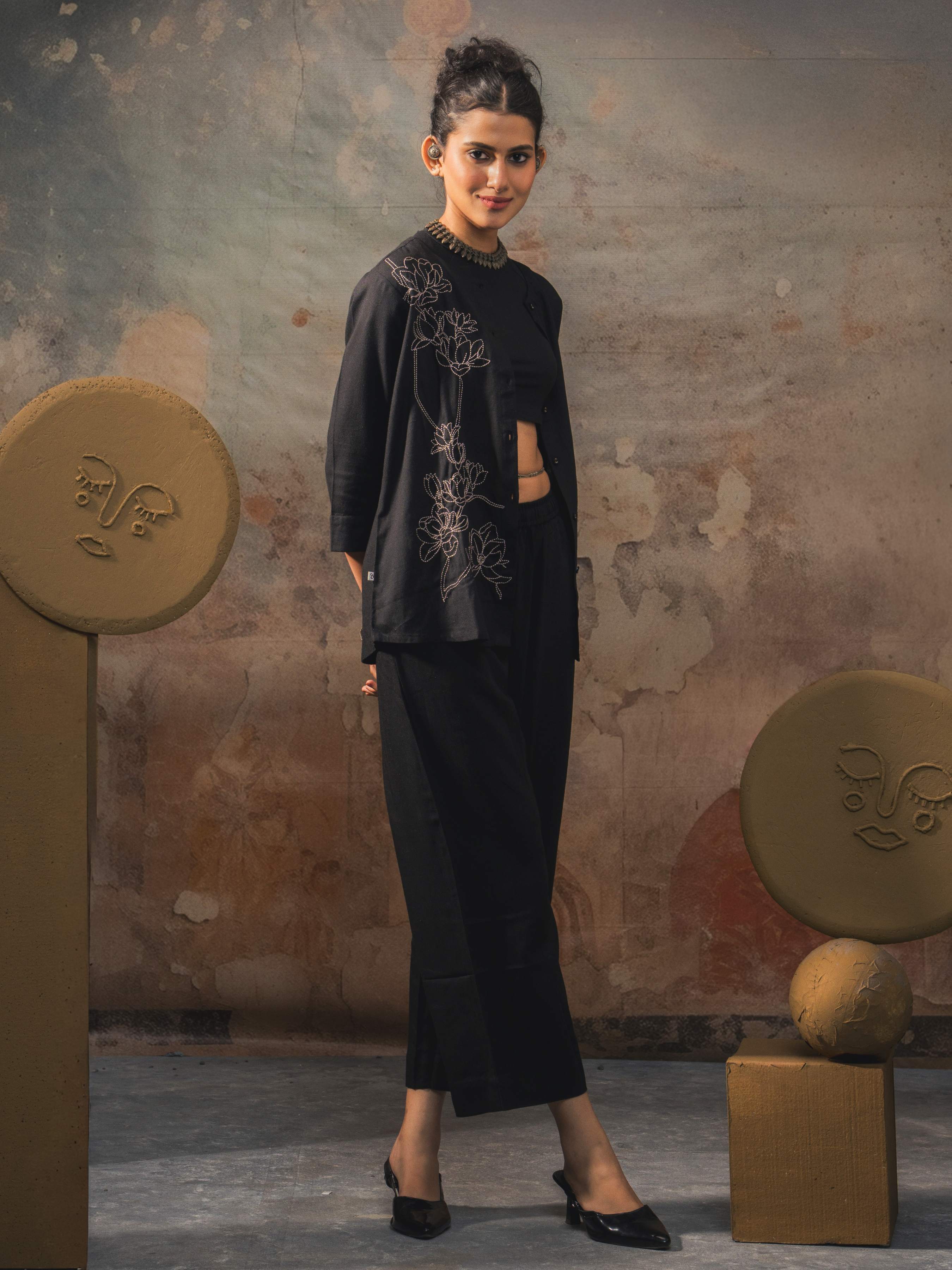 Black Viscose Linen Plain Tunic Set With Embroidery