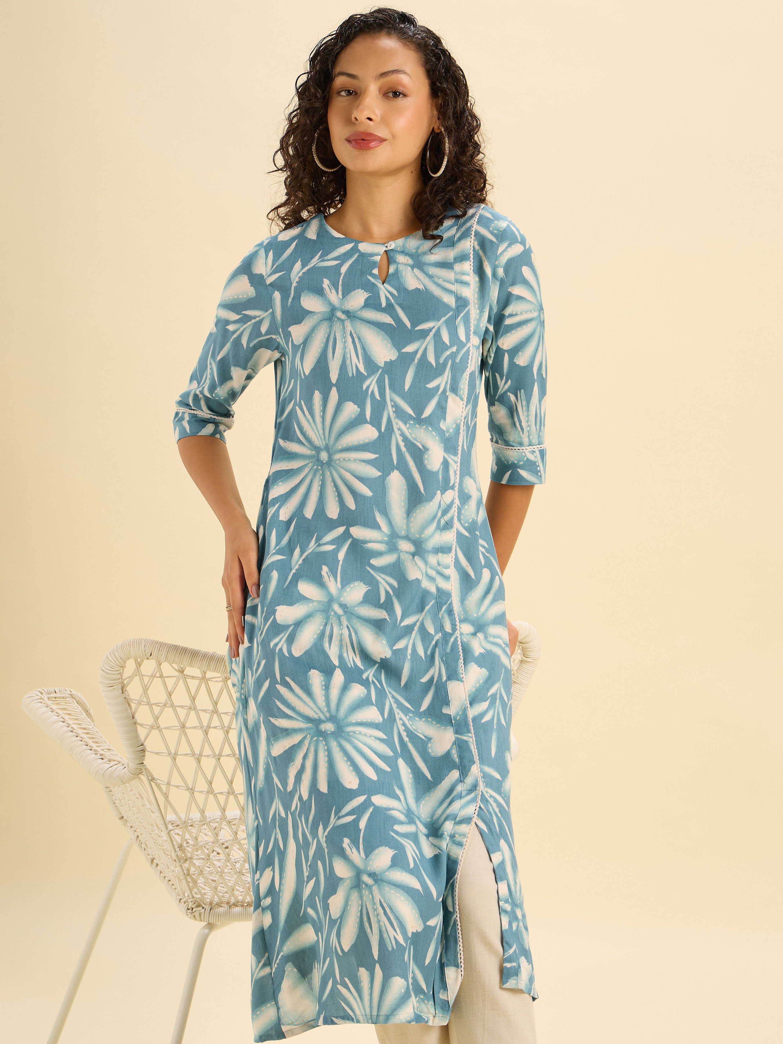 Teal Ivory Colour Viscose Printed Flared Kurti With Lace