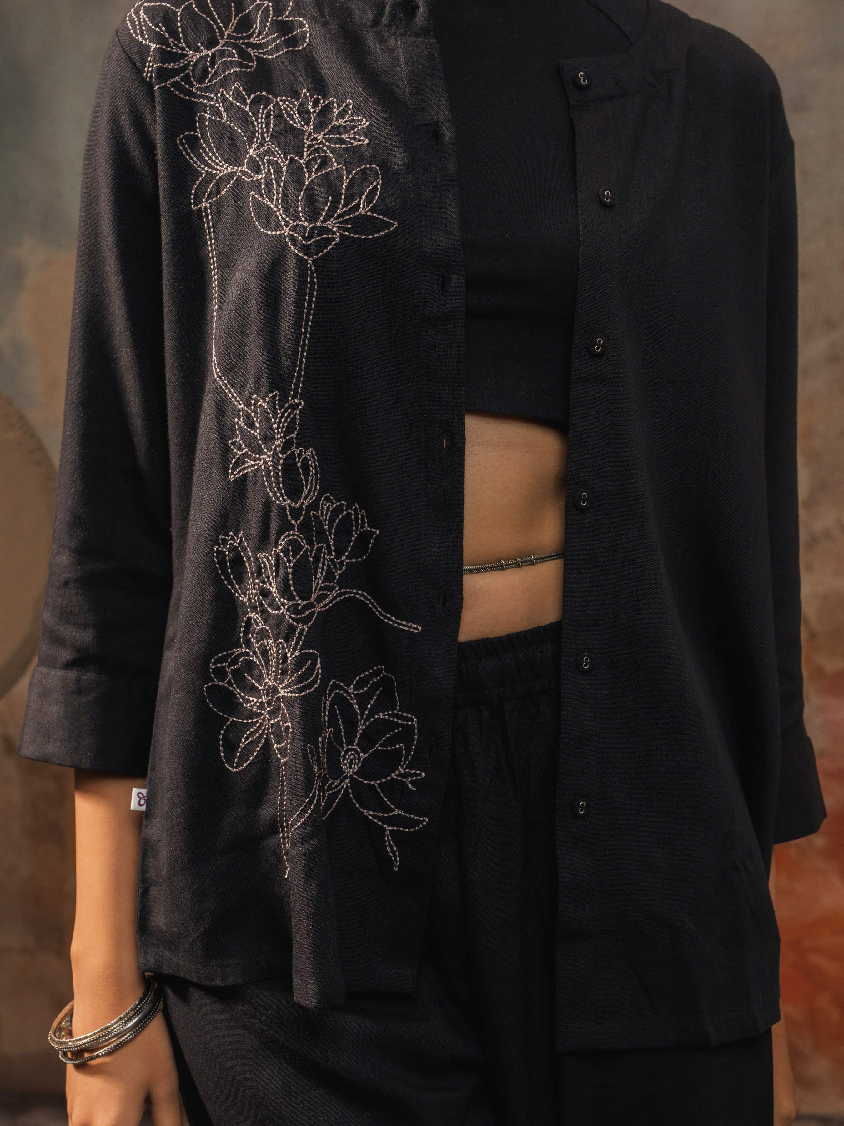 Black Viscose Linen Plain Tunic Set With Embroidery