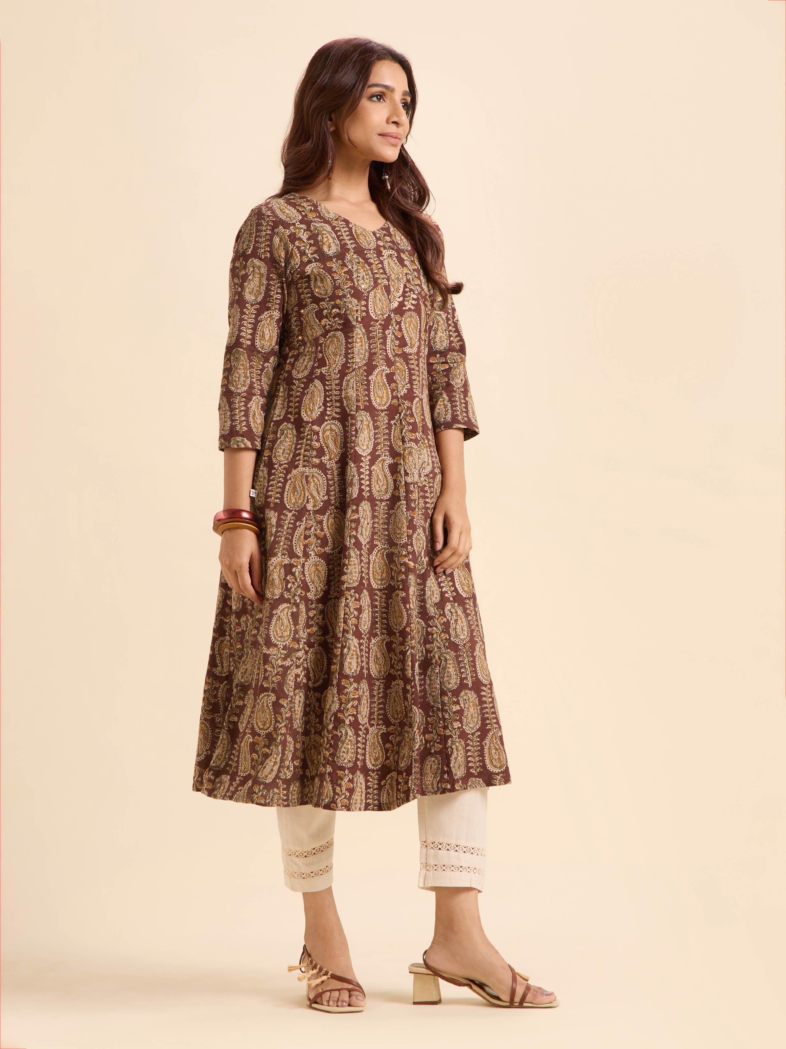 Coffee Brown Multi Colour Pure Cotton Printed Flared Kali-Cut Kurti With Mirror Work
