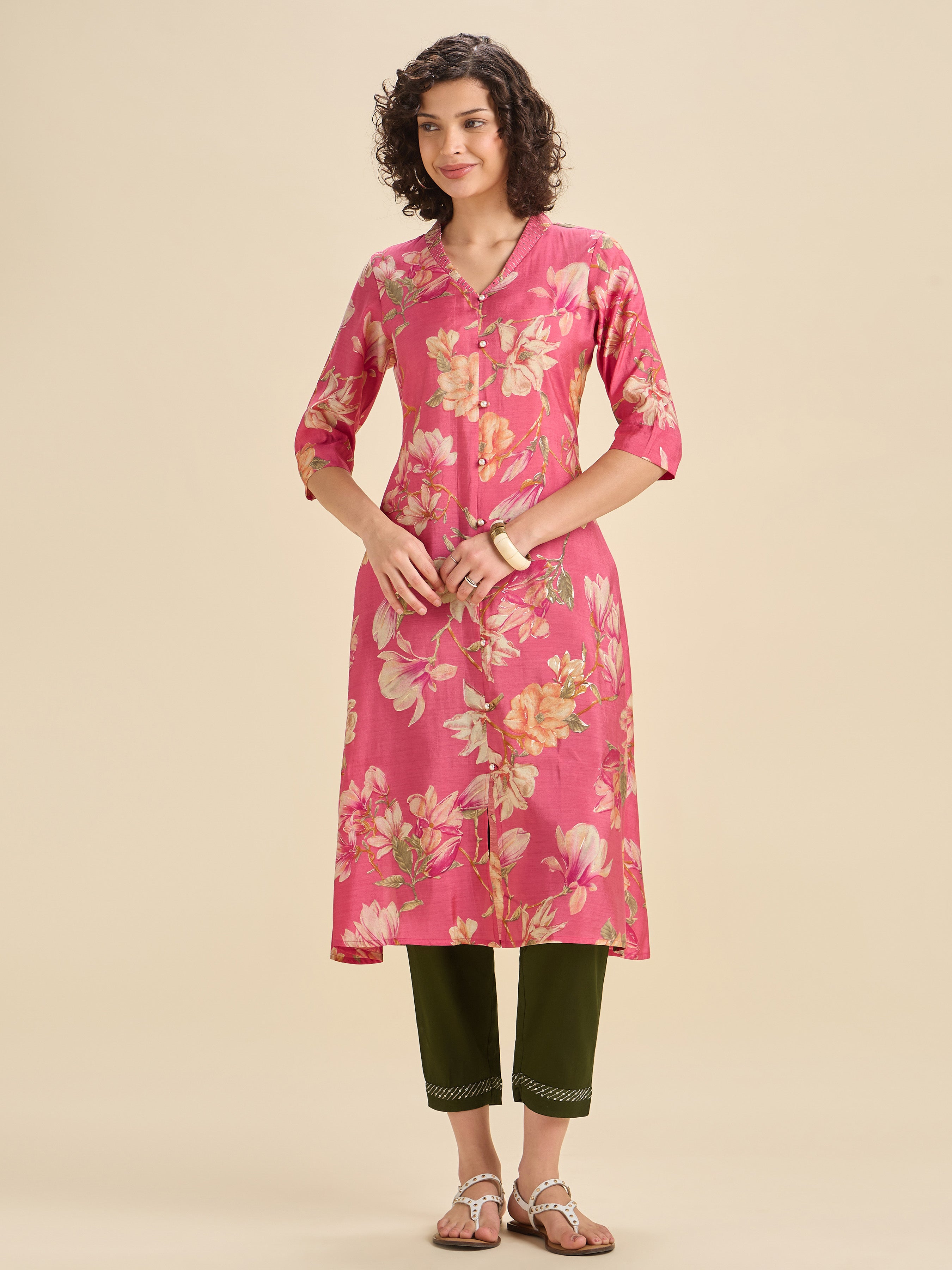 Pink Modal Chanderi Flared Printed Kurti Set With Embroidery
