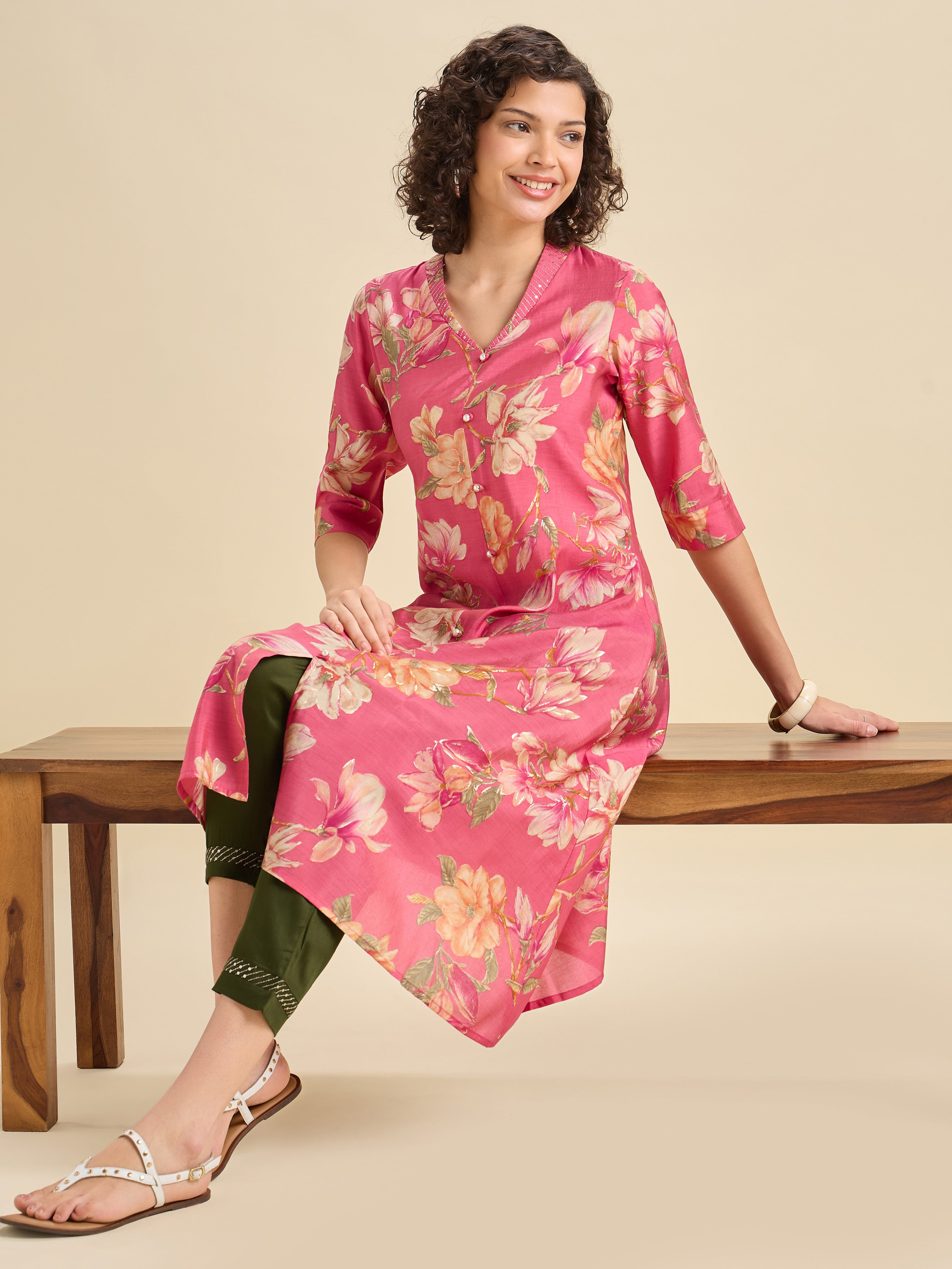 Pink Modal Chanderi Flared Printed Kurti Set With Embroidery