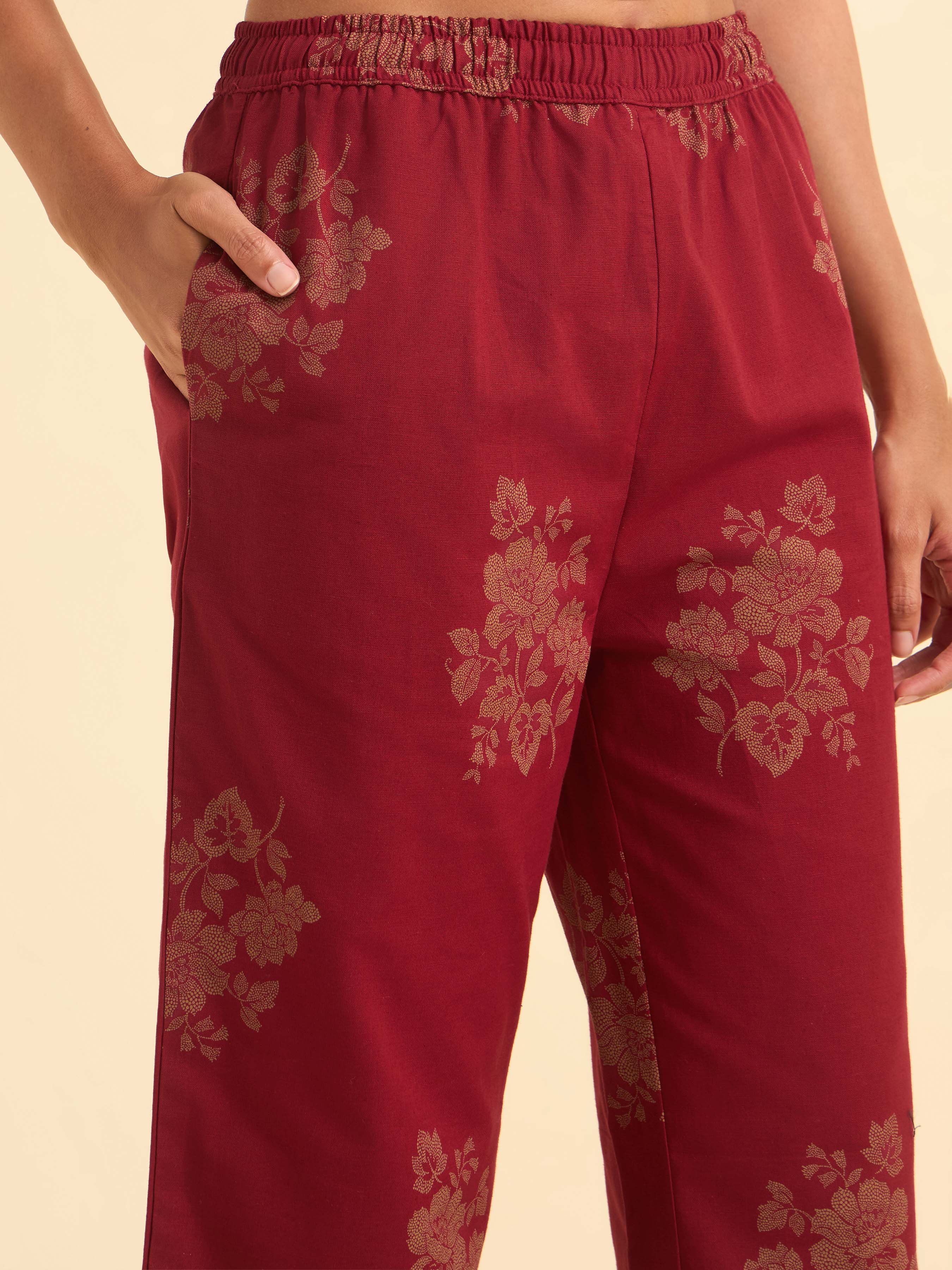 Red Colour Cotton Flax Printed Flared Kurti With Bottom