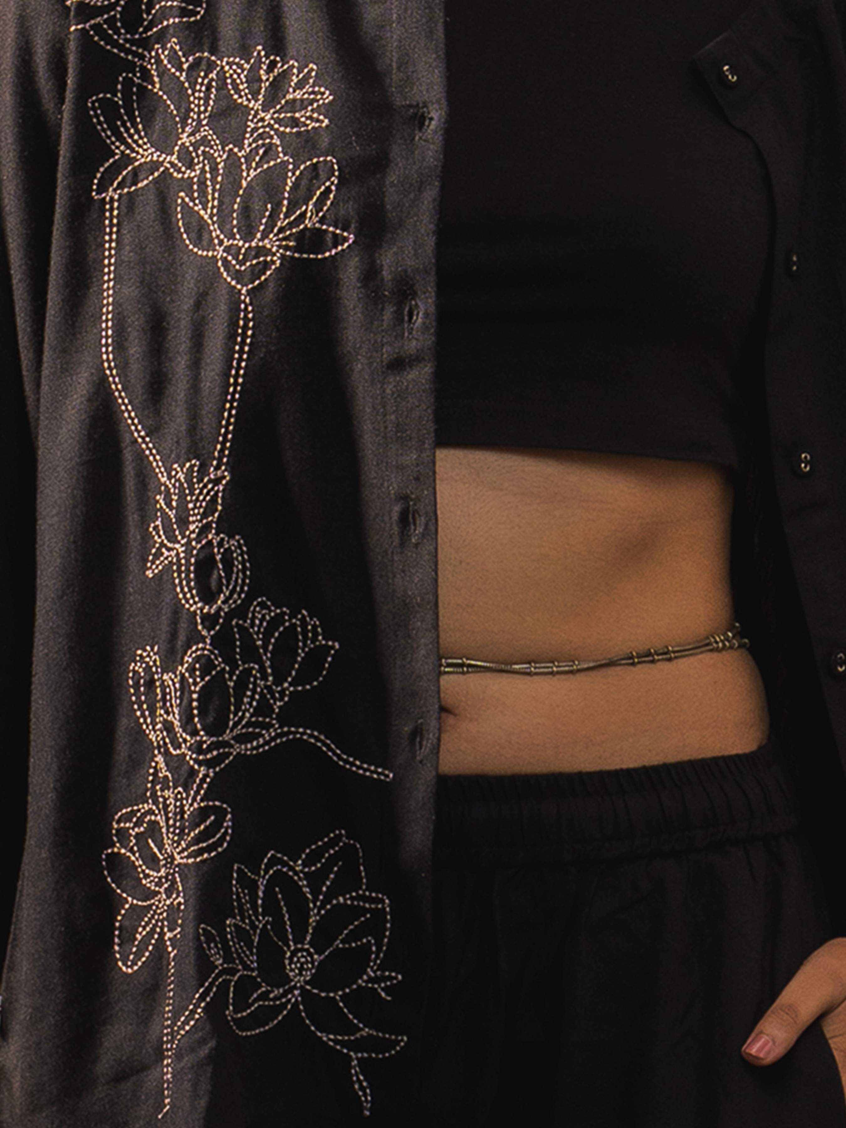 Black Viscose Linen Plain Tunic Set With Embroidery