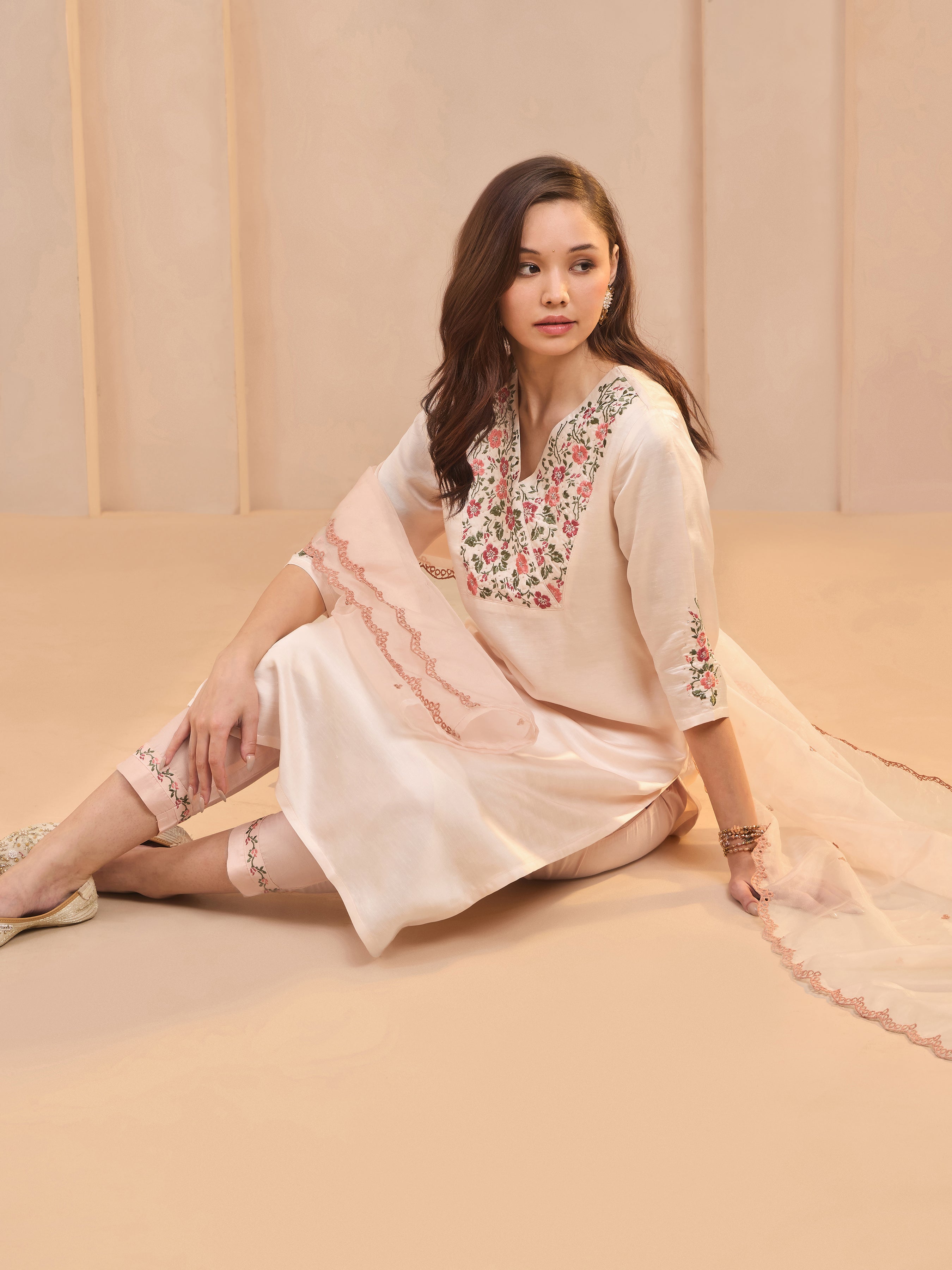 Peach Viscose Linen Kurti Set & Dupatta With Handwork Embroidery