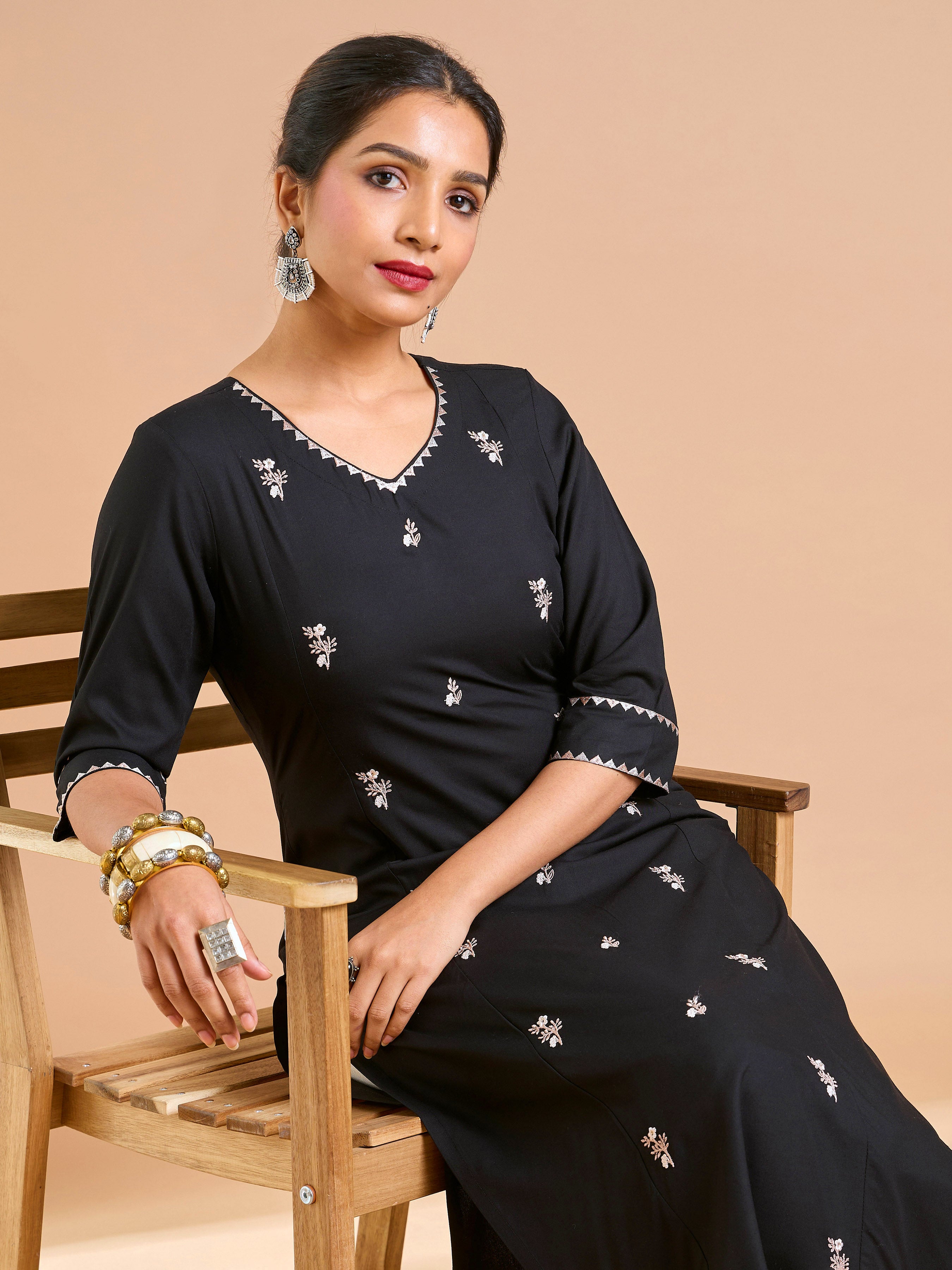 Black Viscose Plain Kurti With Embroidery And Sequins Work