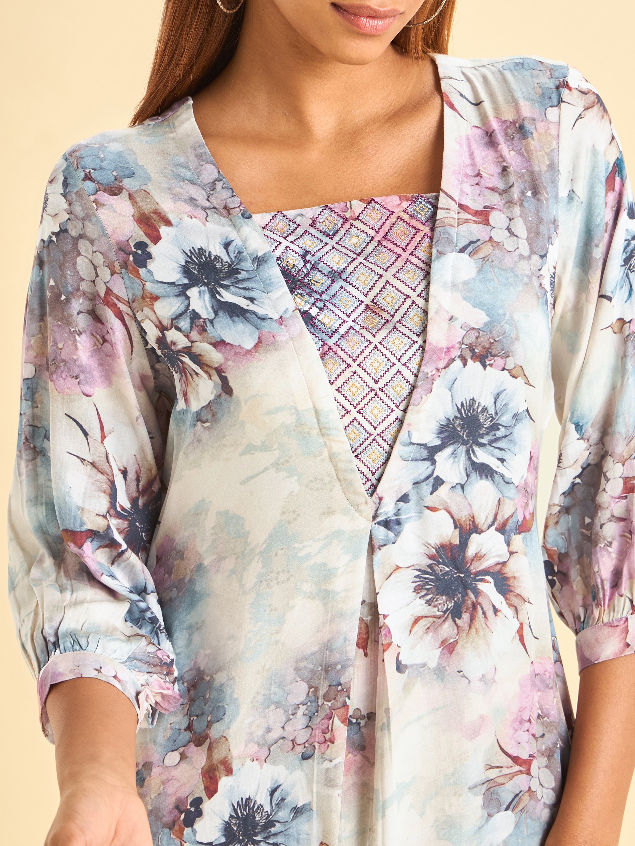 Ivory Modal Satin Printed Flared Kurti