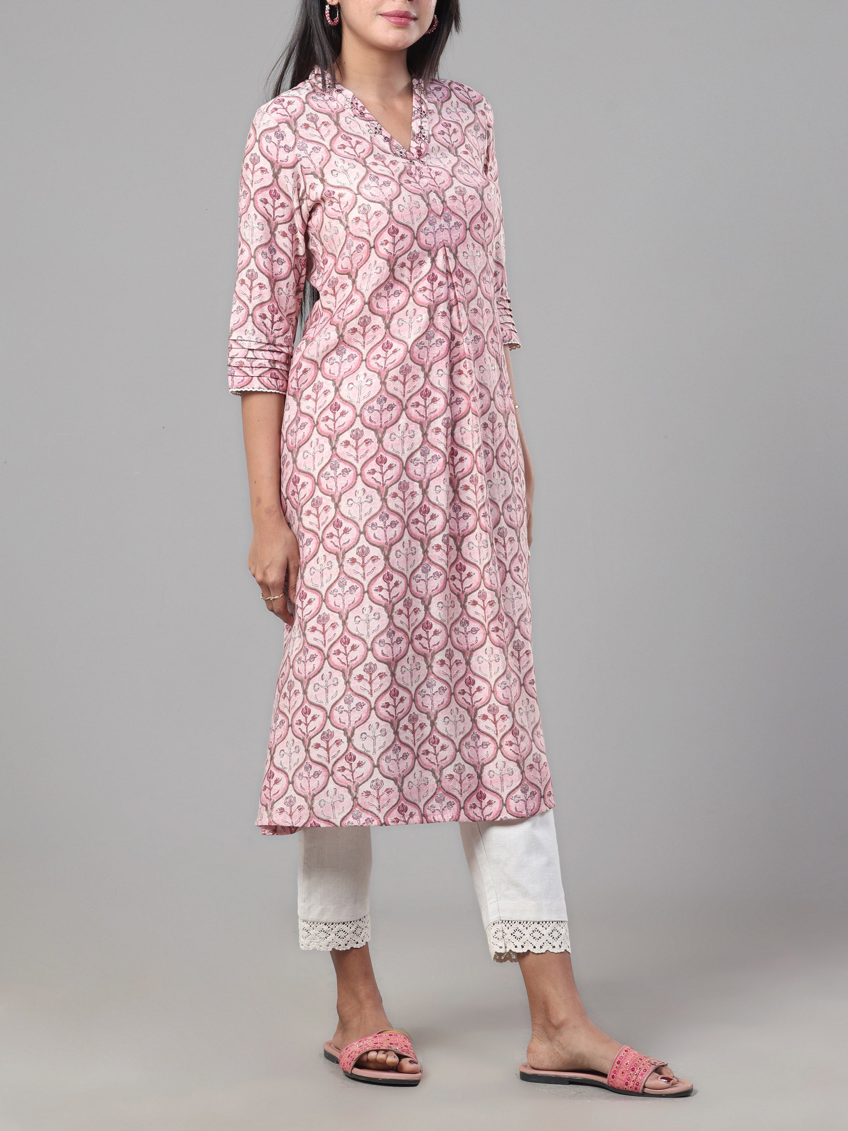 Pink Modal Chanderi Kurti With Embroidery