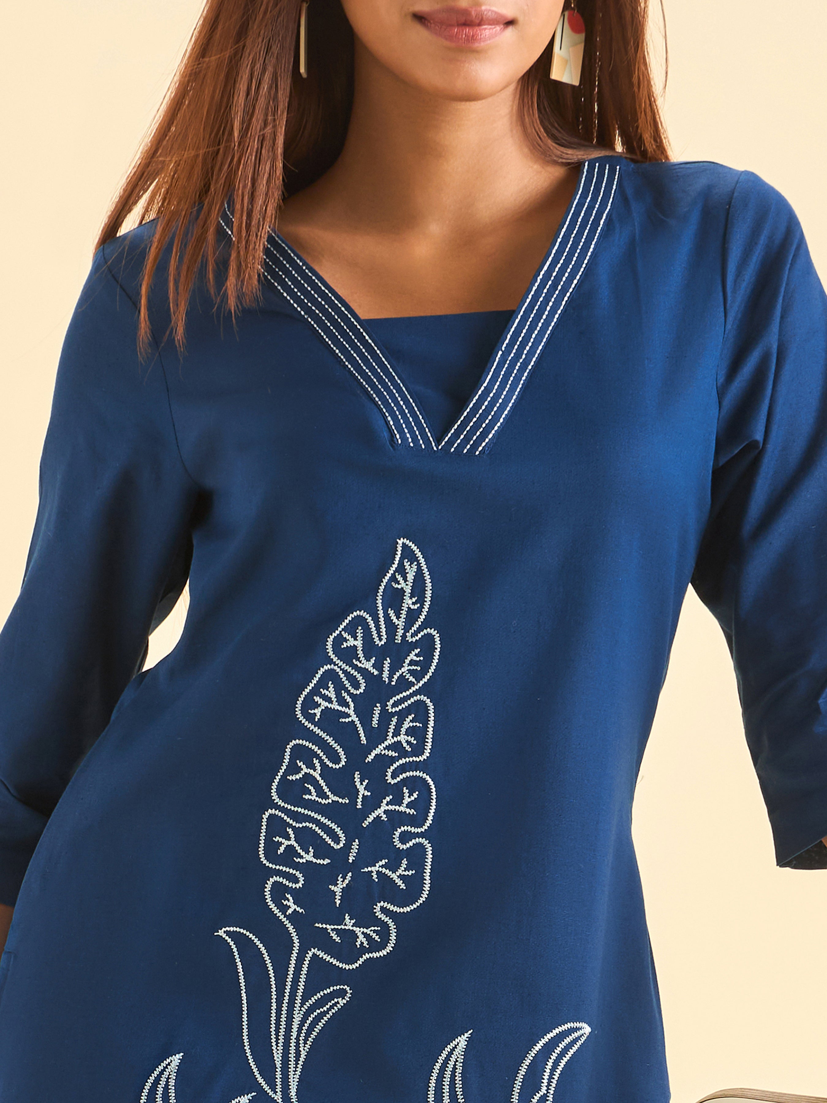 Navy Blue Cotton Flax Slit Kurti Set With Embroidery