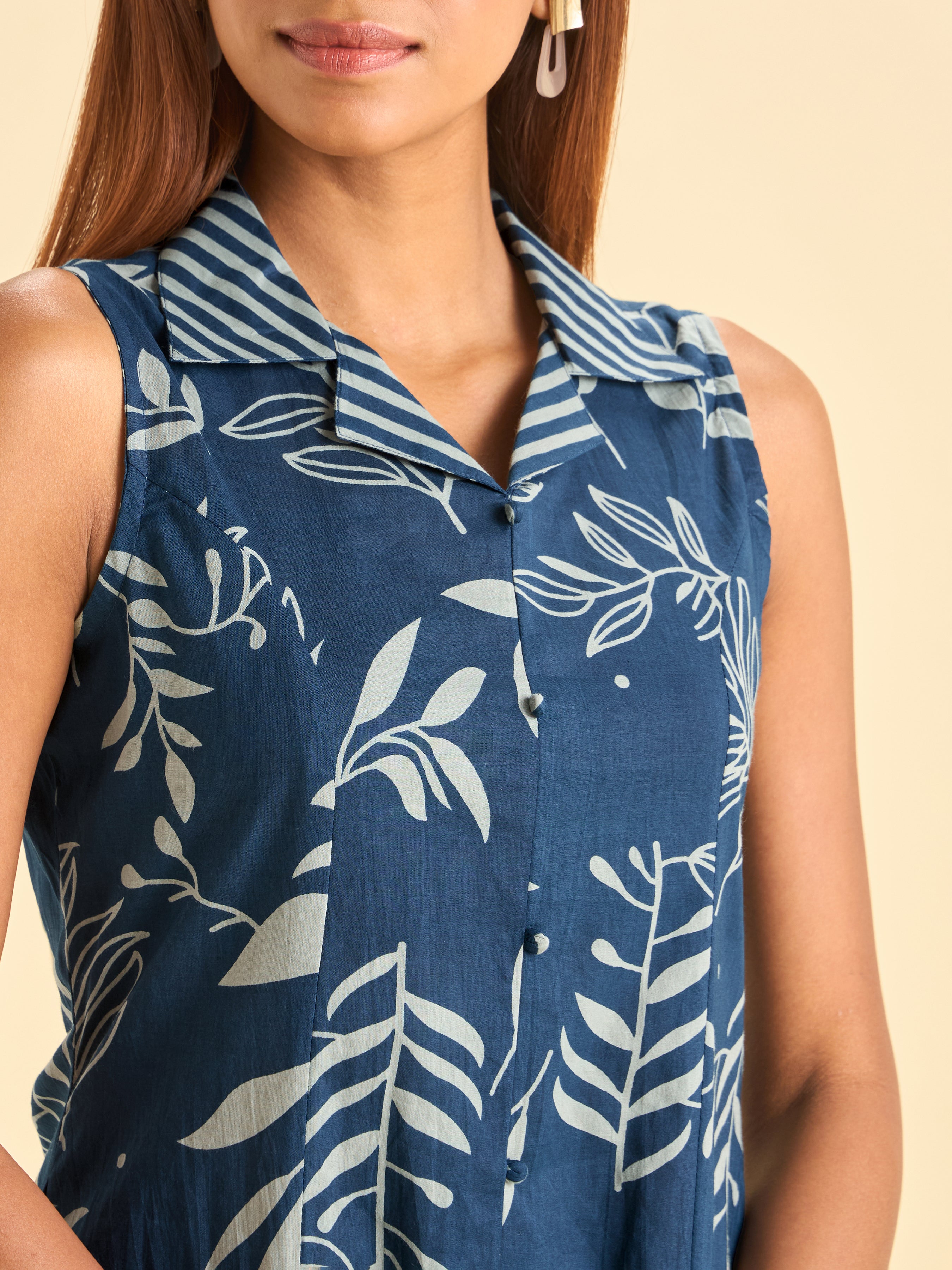 Denim Blue White Pure Cotton Printed Kurti Set With Smocking