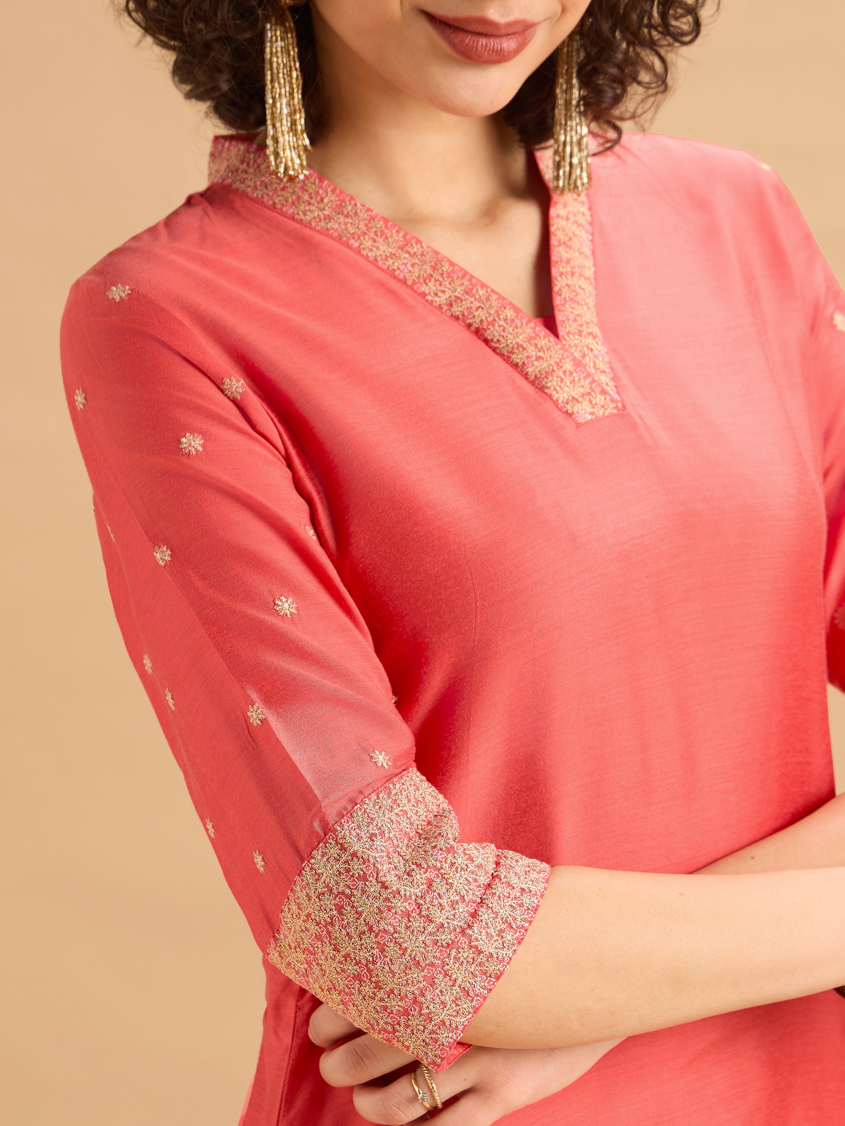Orange Viscose Blend Plain Kurti Set With Embroidery