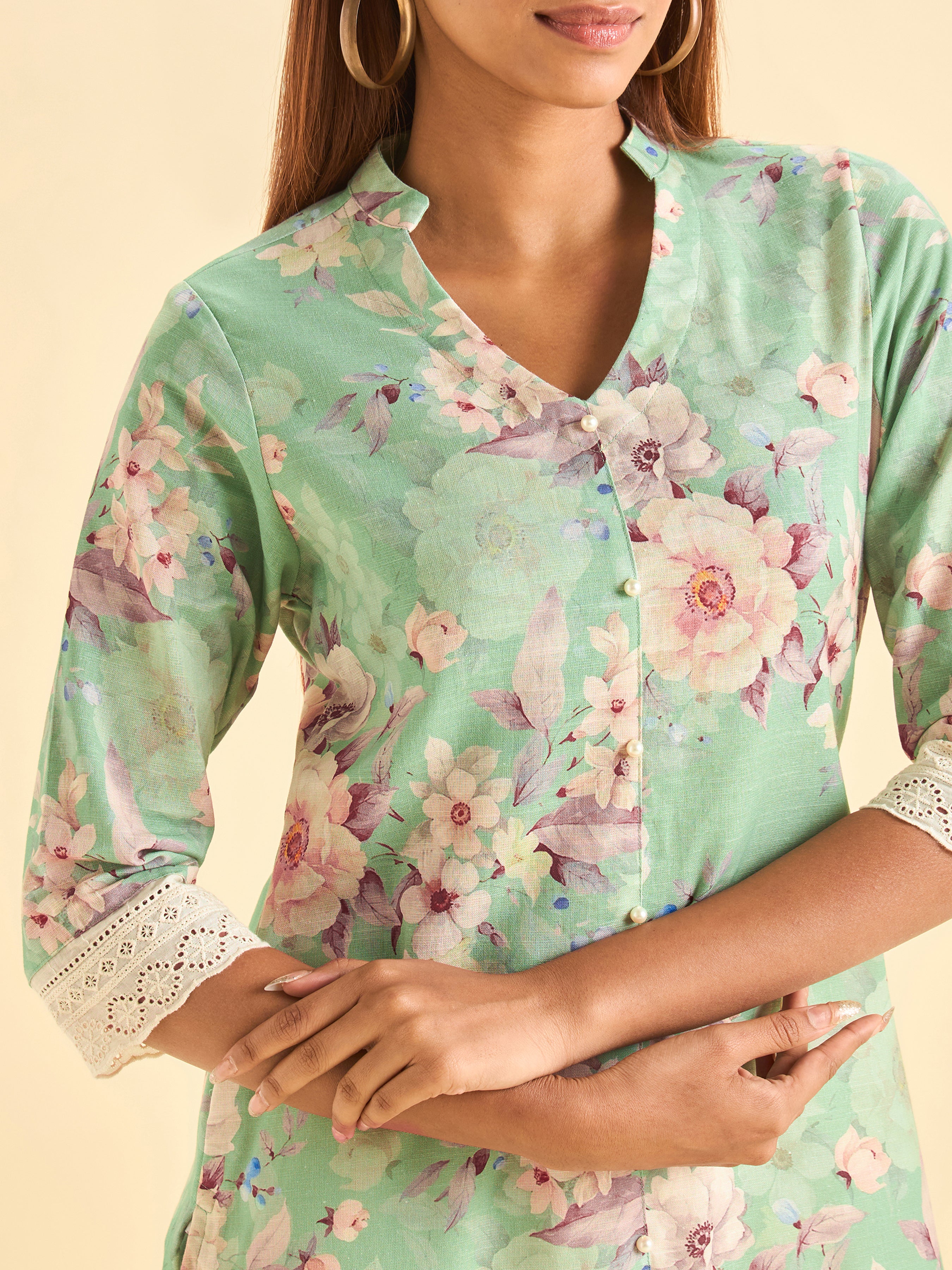 Mint Green Cotton Slub Slited Printed Kurti With Lace
