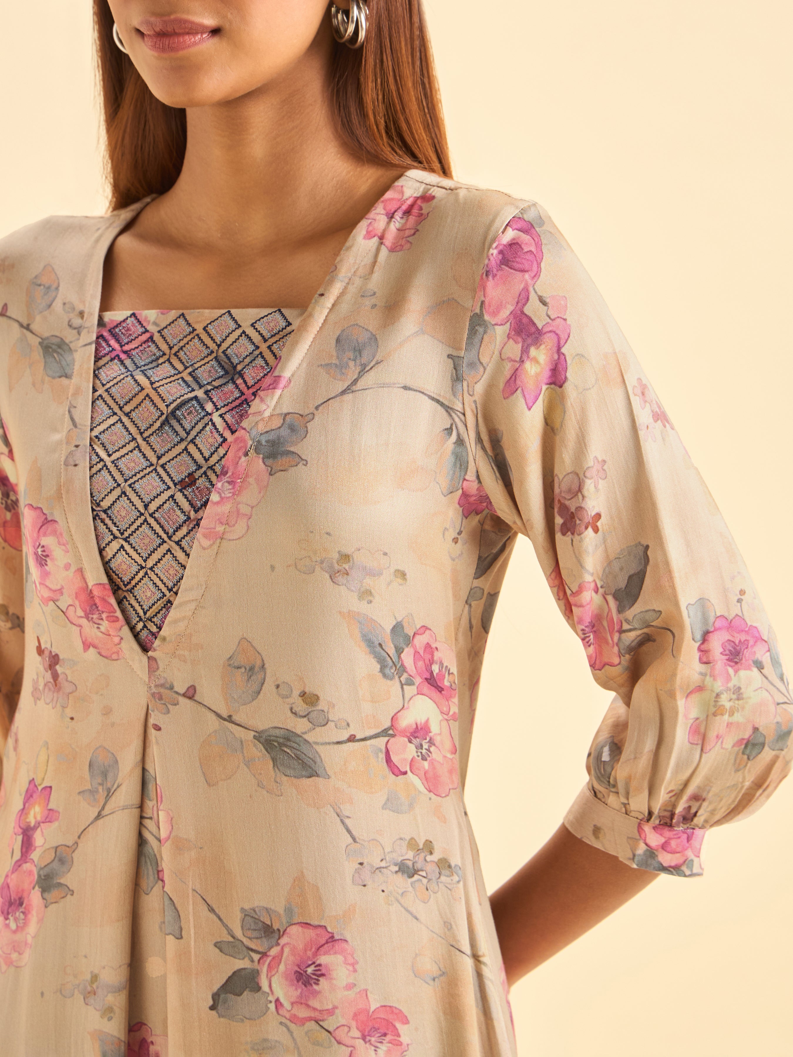 Beige Modal Satin Printed Flared Kurti