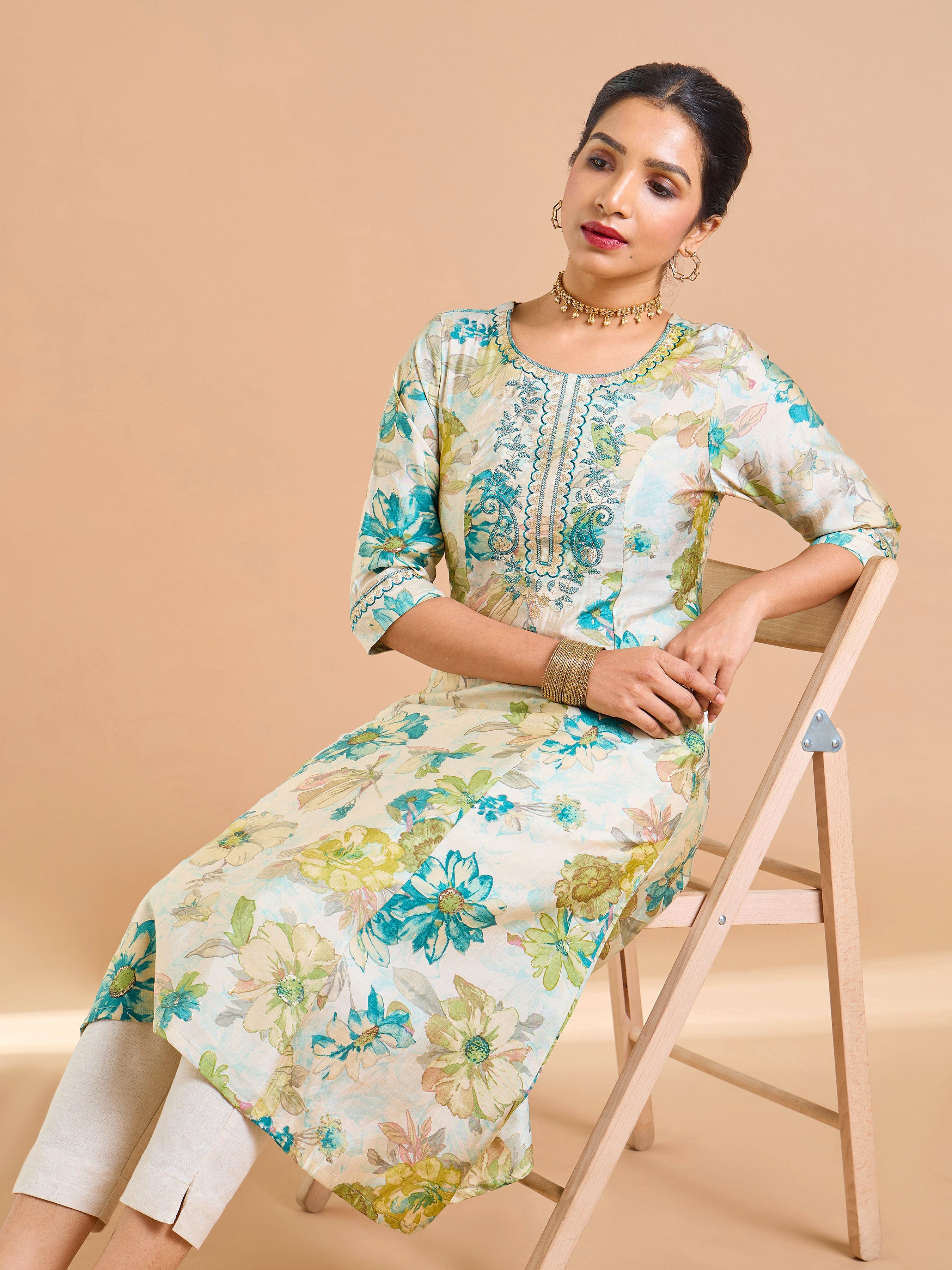 Aqua Blue Modal Chanderi Foil Printed Kurti With Sequins Embroidery