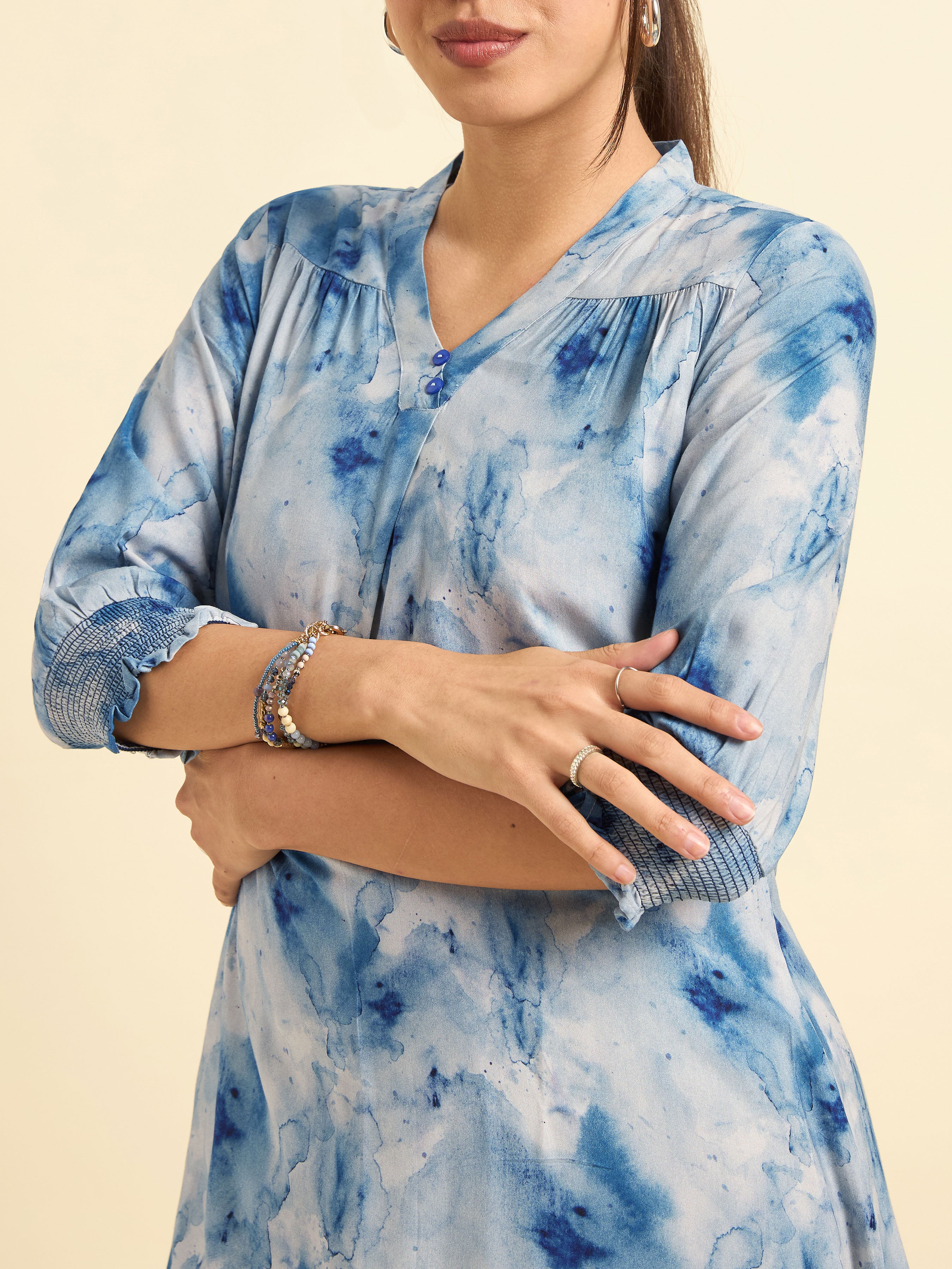 Sky Blue Muticolour Vicose Printed Flared Kurti With Smocking And Knife Pleat