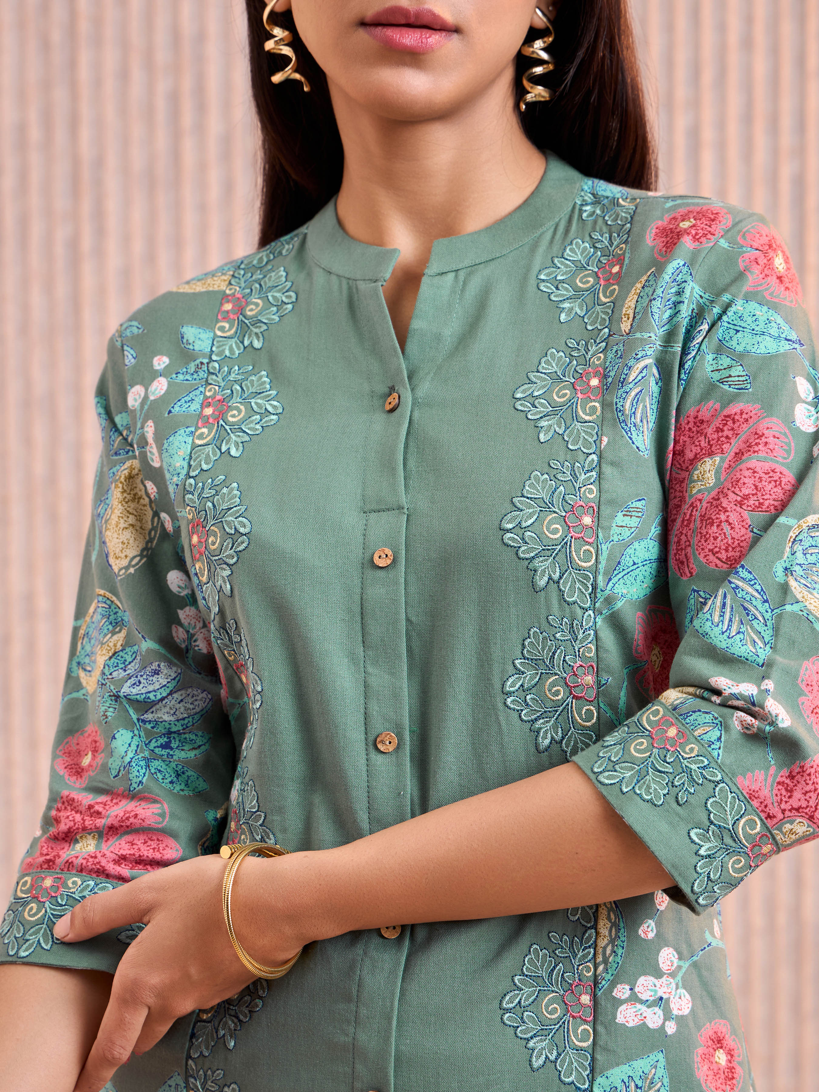 Sage Green Cotton Flax Printed Kurti With Embroidery