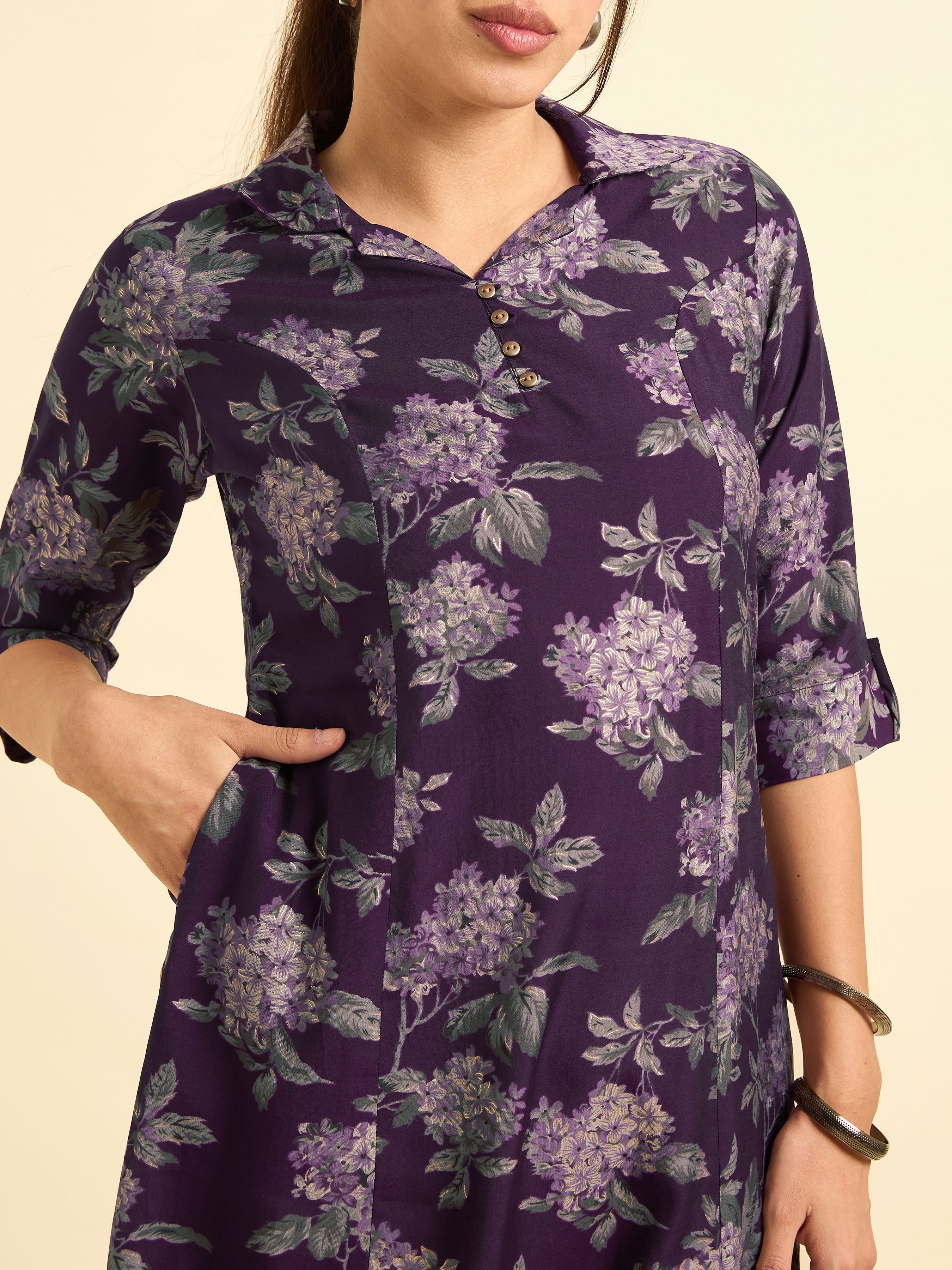 Purple Modal Chanderi Flared Printed Kurti With Princesscut
