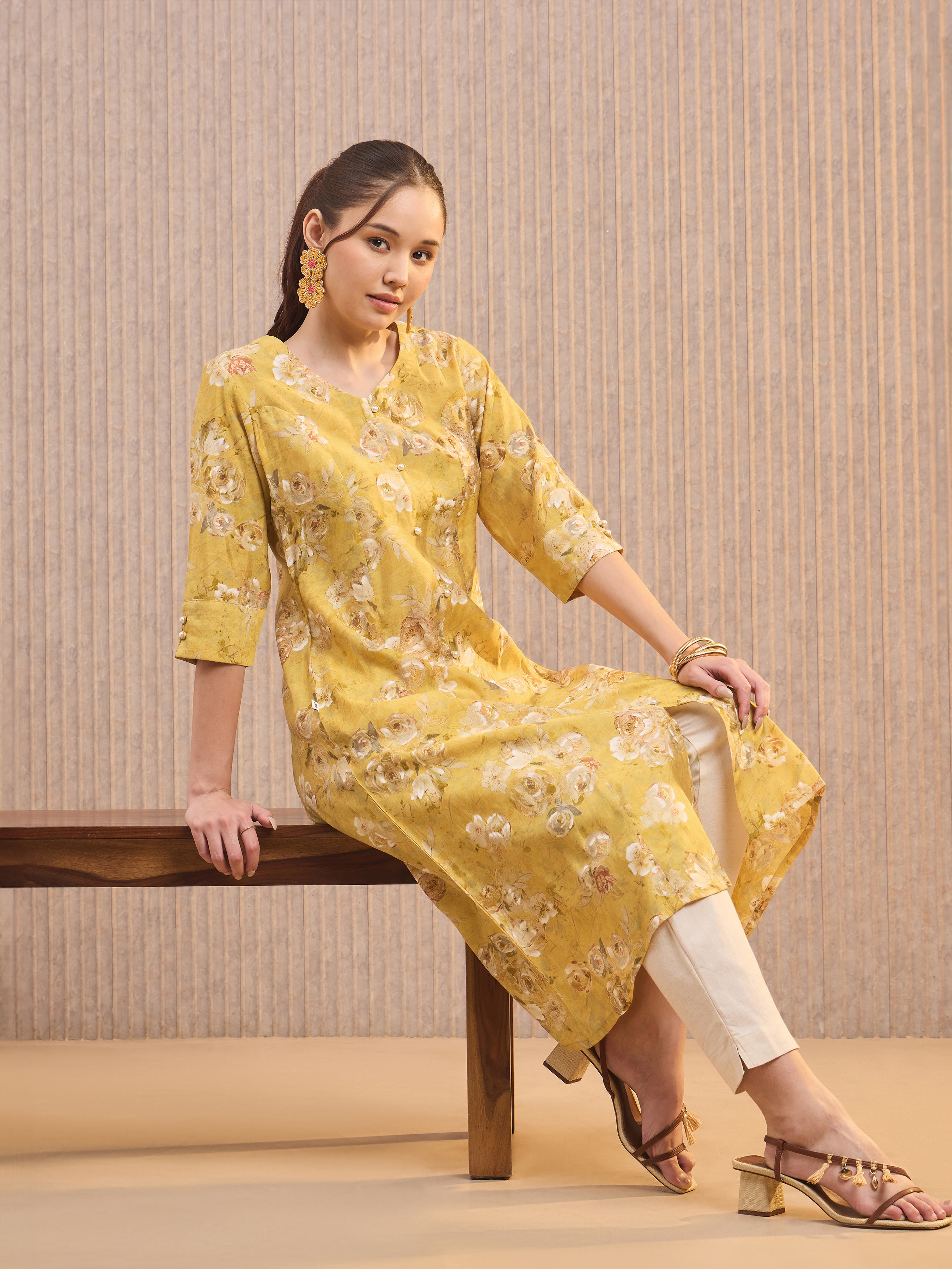 Mustard Modal Chanderi Printed Kurti With Princess Cut