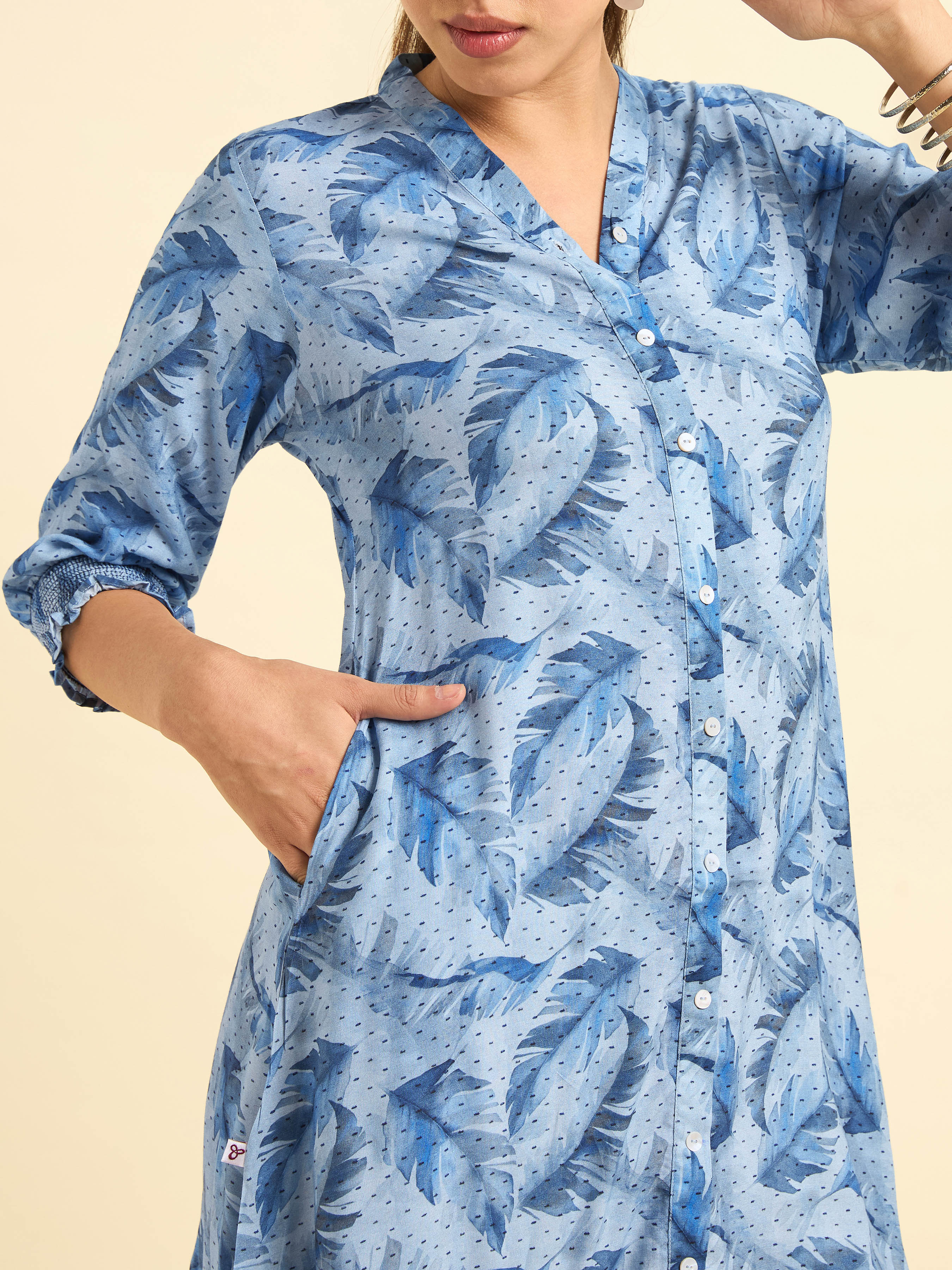 Blue Multi Colour Viscose Dobby Printed Kurti With Smocking And Shaped Hemline