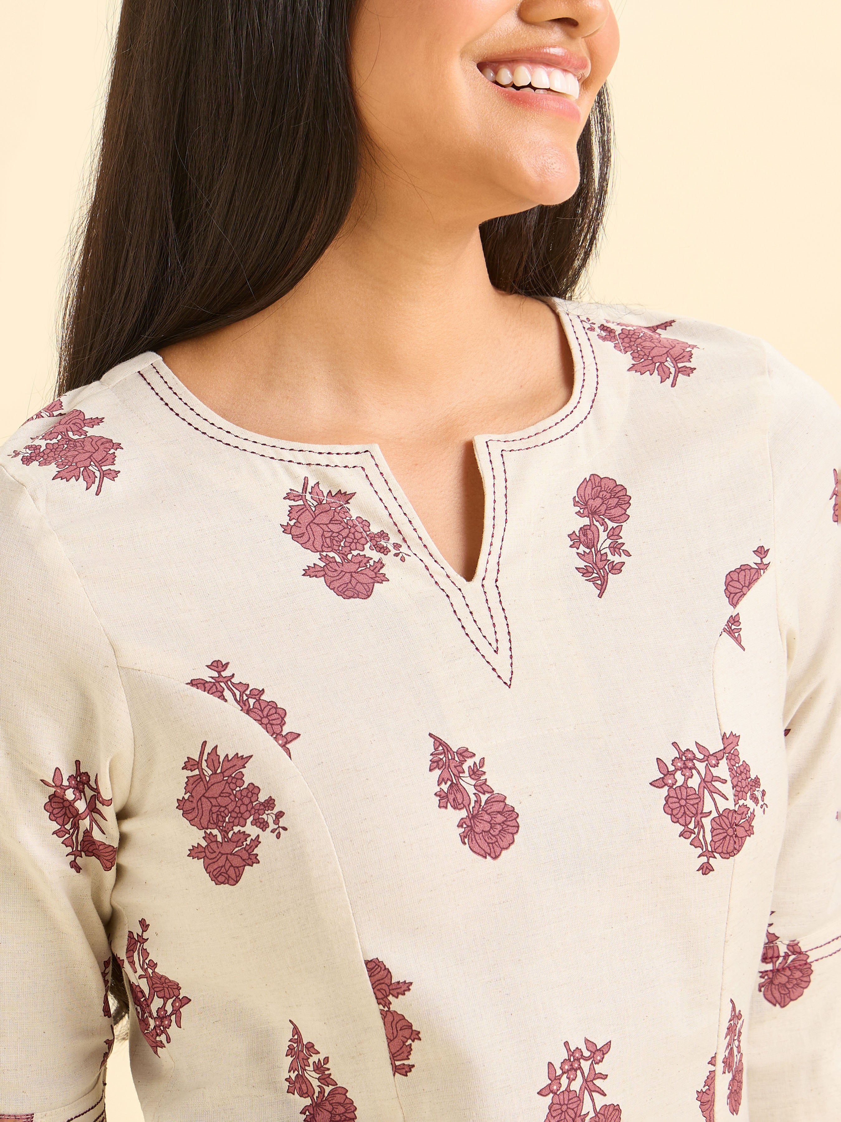 Ivory Maroon Cotton Flax Printed Slit Kurti With Running Stitch Embroidery