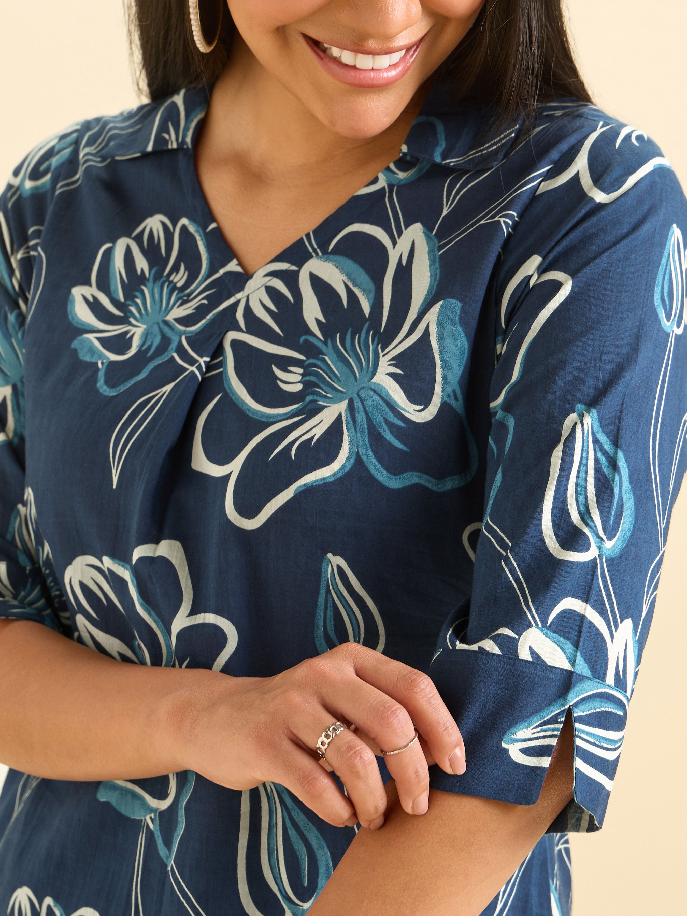 Royal Blue Pure Cotton Printed Slited Kurti Set With Knife Pleats And Curved Hem Line