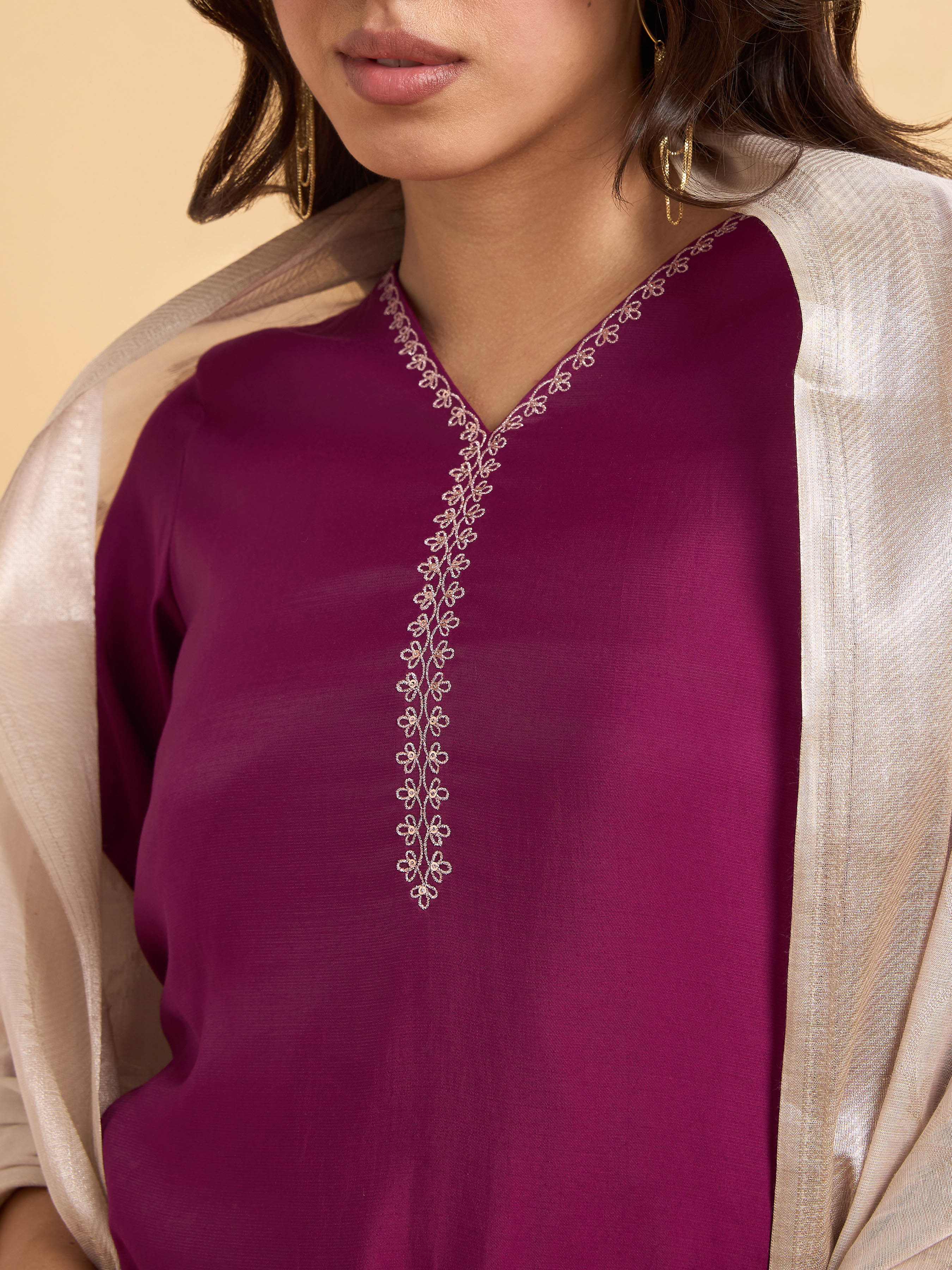 Magenta Viscose Blend Kurti Set With Dupatta And Sequence Embroidery
