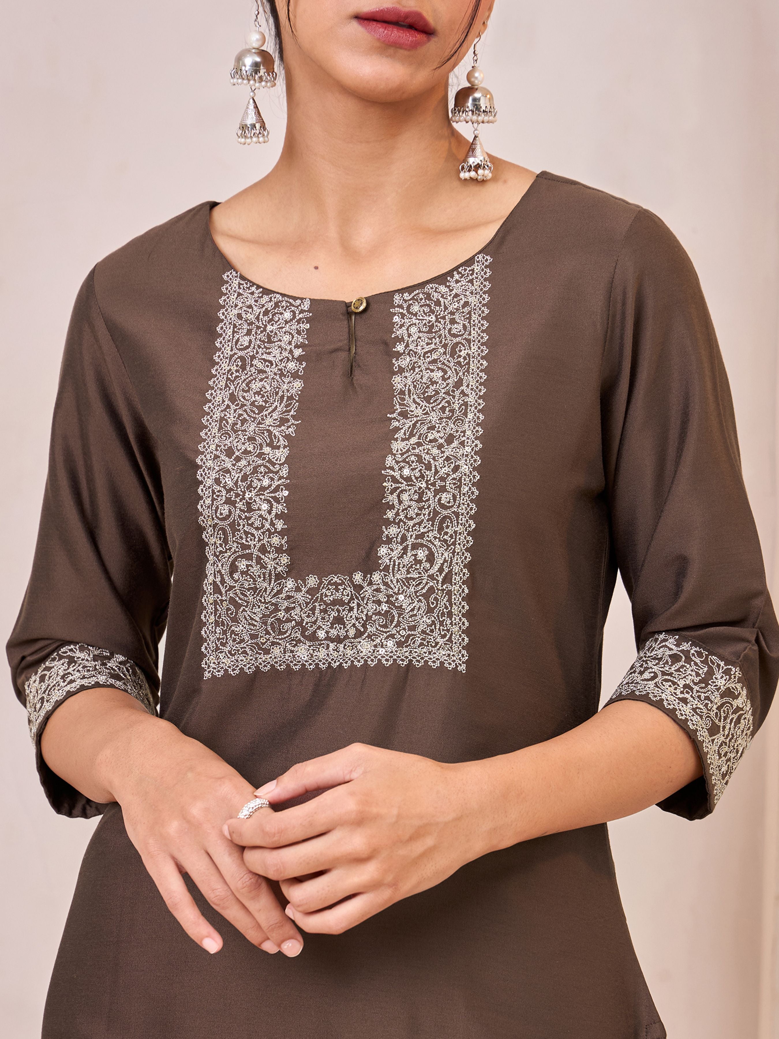 Brown Viscose Blend Kurti Set With Embroidery