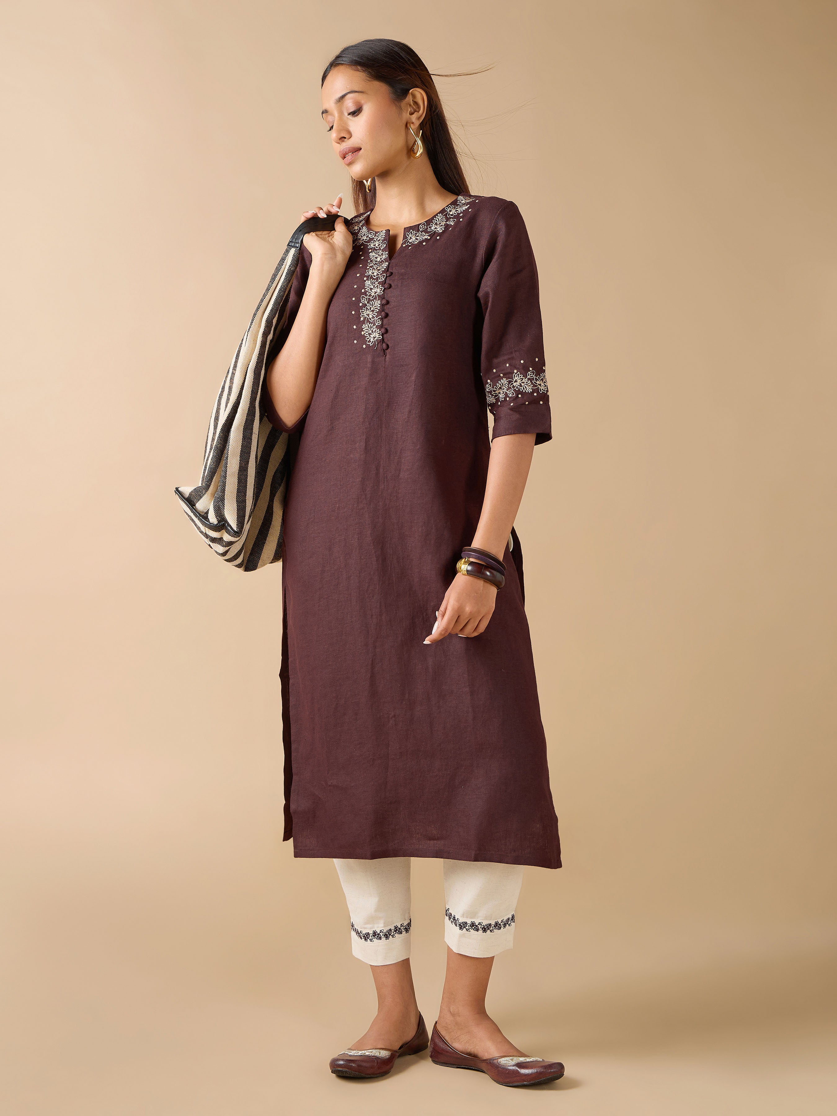 Coffee Brown Linen Plain Kurthi with Embroidery And Matching Bottom