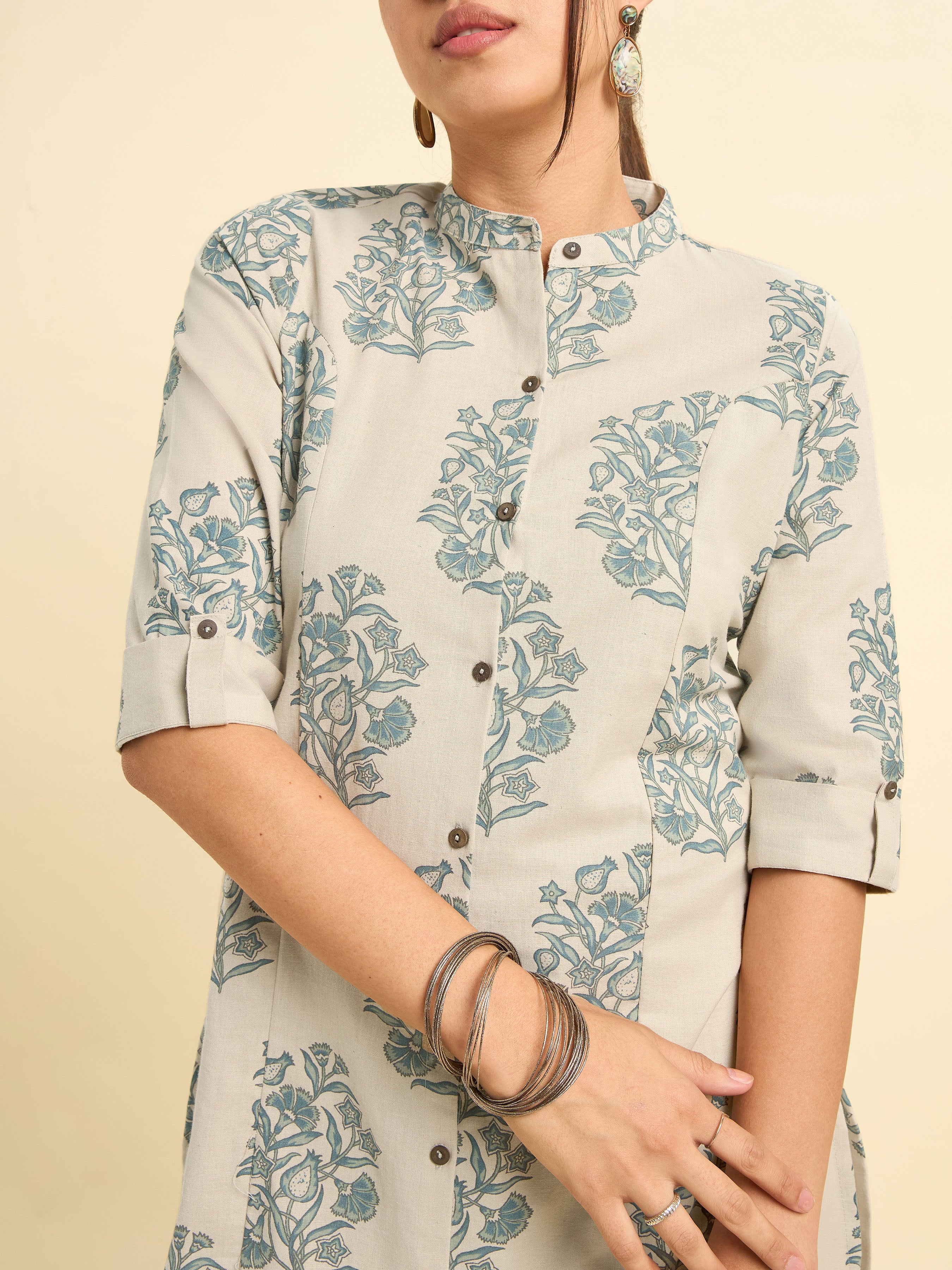 Beige Colour Cotton Flax Printed Slit Kurti With Placket