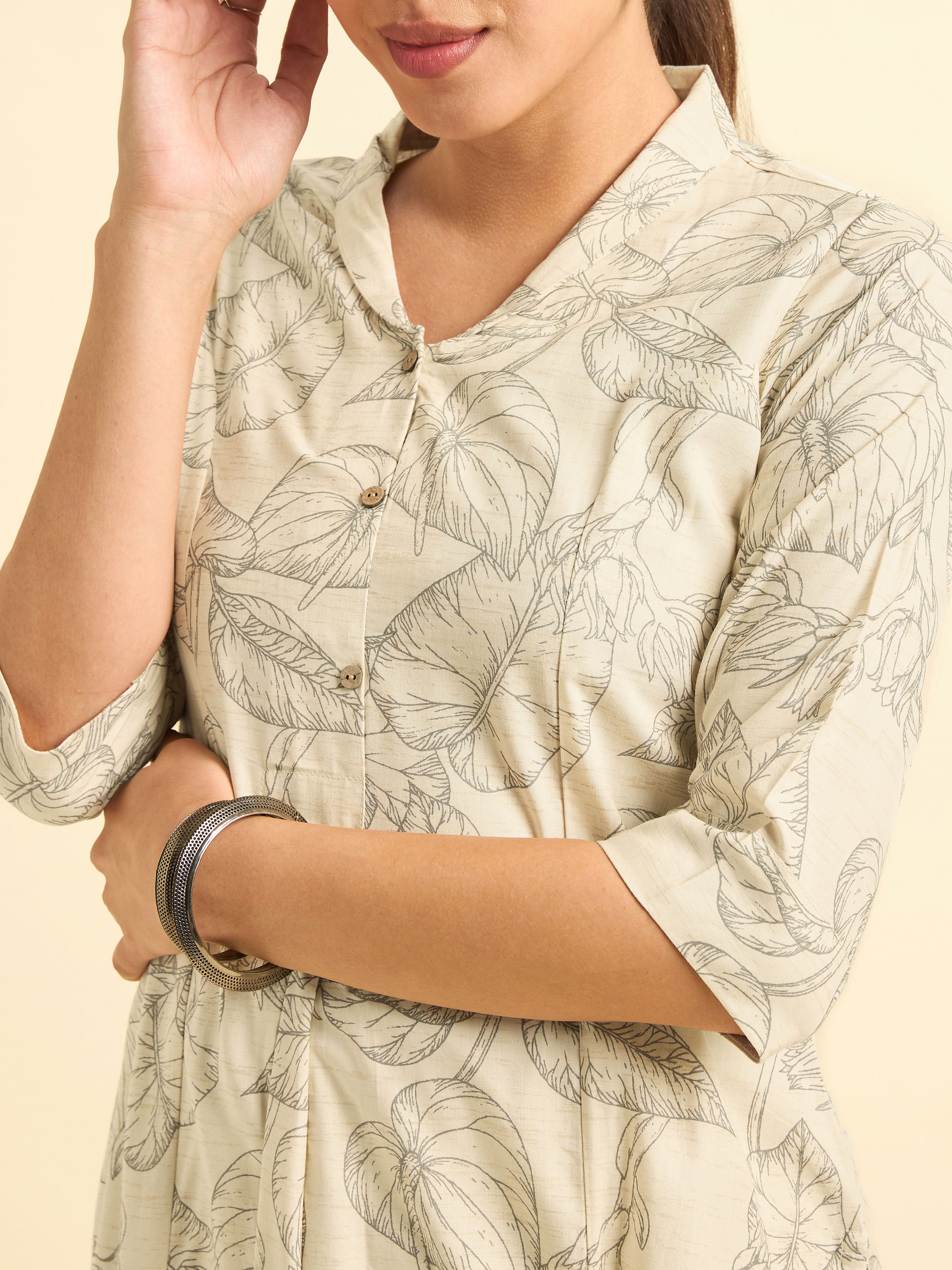 Ivory And Black Tencel Printed Flared Princess Cut Kurti