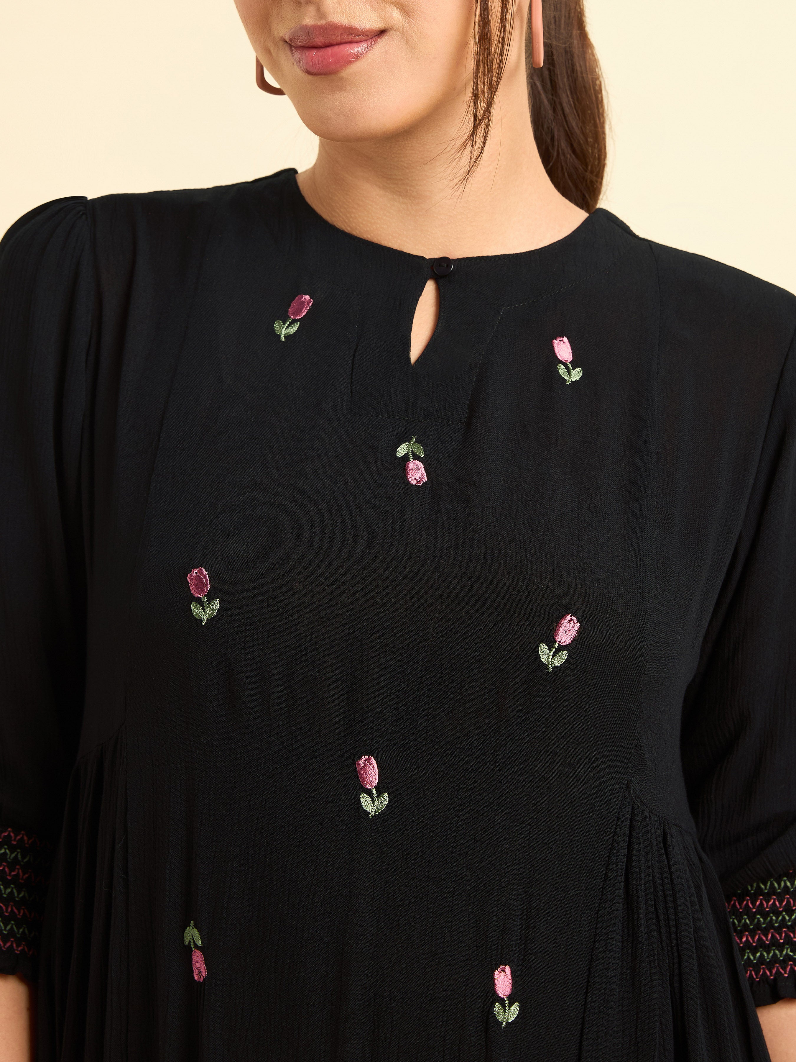 Black Wrinkle Viscose Flared Plain Kurti With Embroidery