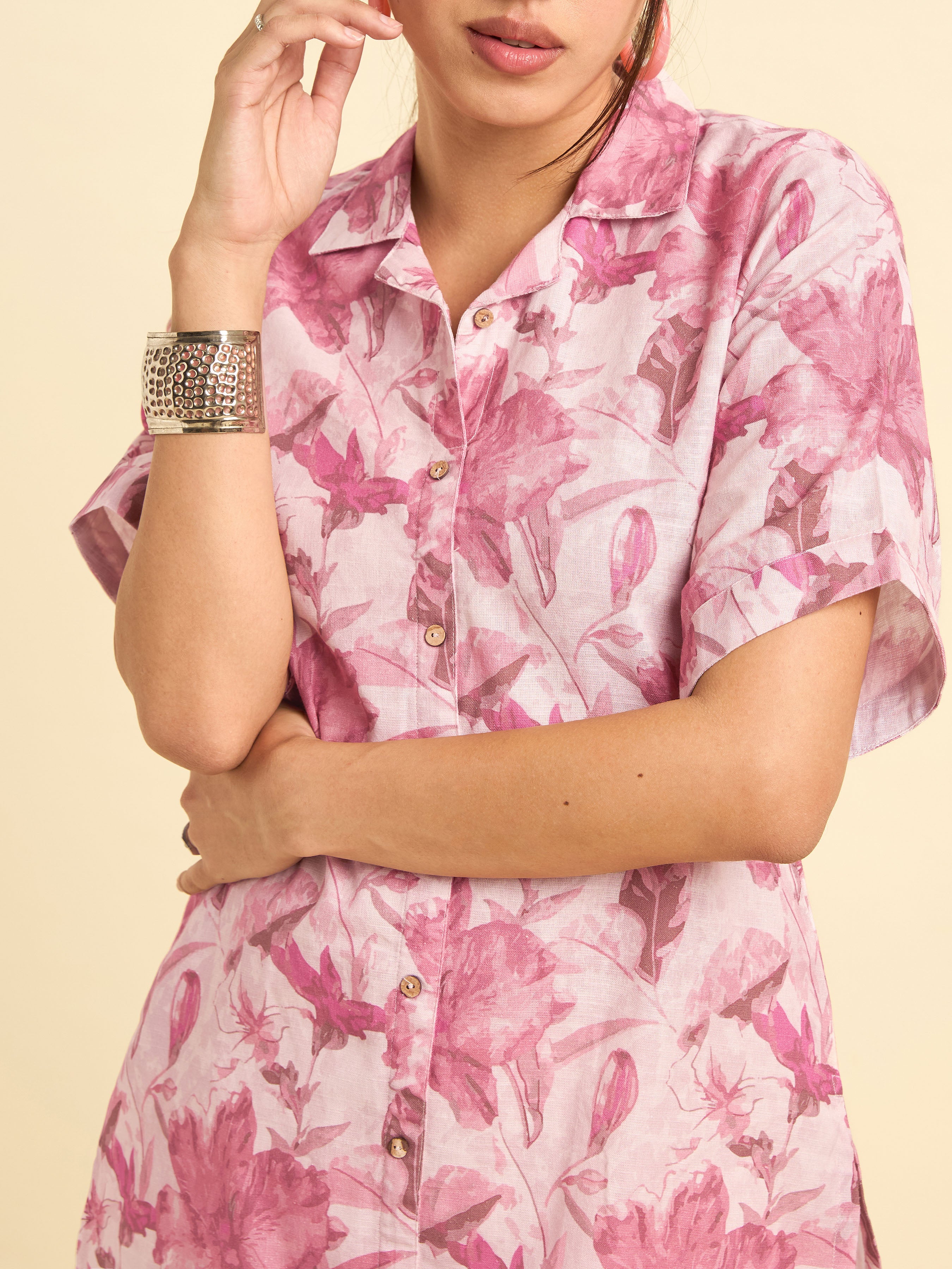 Blush Pink Cotton Slub Slited Printed Kurti With Full Placket